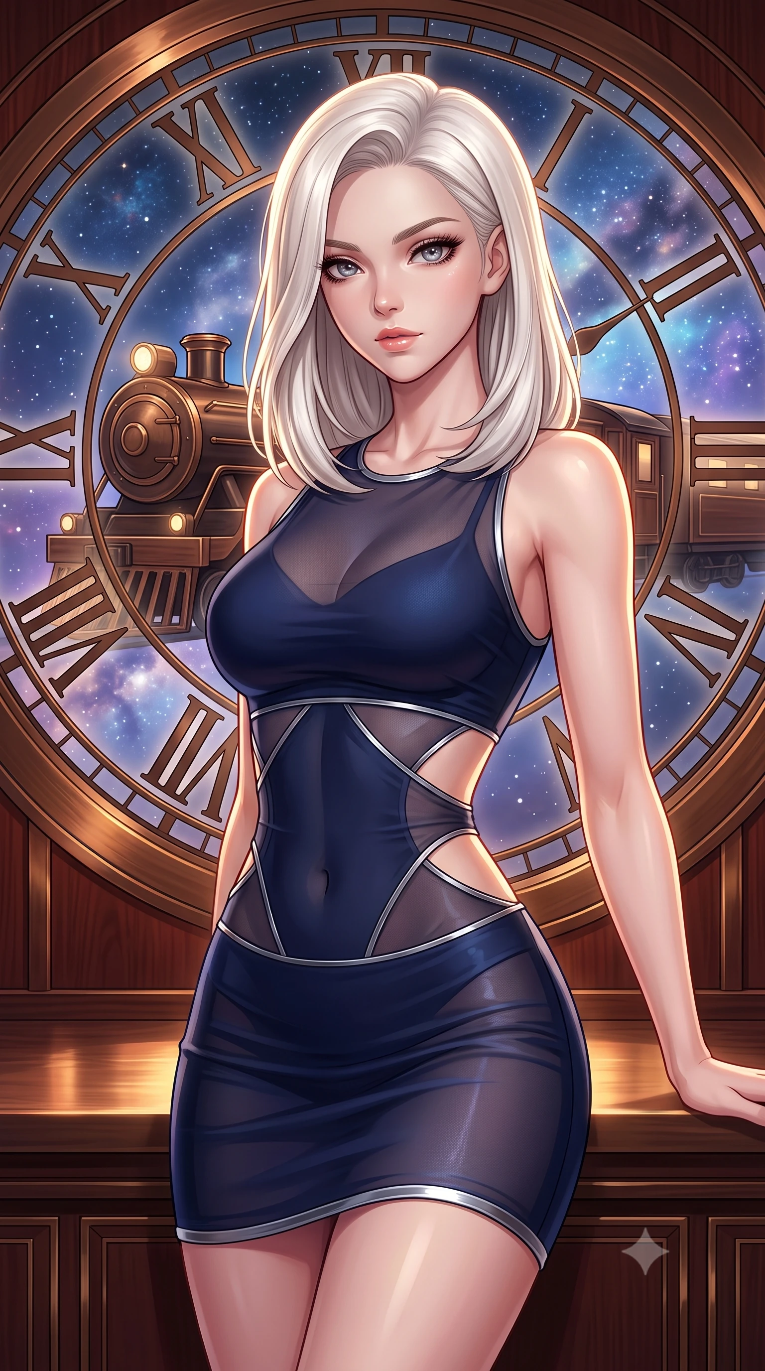 score_9, masterpiece, best quality, ultra-detailed, high-budget anime keyframe, editorial fashion photography, tasteful artistic composition, Caucasian woman. close-up cowboy shot from the waist and thighs up, the character dominates the composition, filling the frame with her large presence, background elements kept in soft focus. Leaning slightly forward with a composed, seductive gaze under soft glowing light gazing out a massive circular clock window at a twilight galaxy express train, rich mahogany and polished bronze textures reflecting warm hearth light. She has an exceptionally elegant, slender, and willowy female figure with an ultra-slim waist, a gracefully sculpted slender torso, and a refined silhouette. sharp v-shaped jawline, high-bridge nose, intricate jewel-like eyes with depth, thick eyelashes, glossy lips with a natural sheen. wearing a precision-fitted liquid jersey bodycon dress with a draped back in midnight navy blue and chrome trim, woven from fine semi-opaque sheer organza, featuring subtle geometric cutouts that highlight her ultra-slim midriff, the tailored fabric tightly following every curve of her athletic build. surrounded by warm hearth light and dramatic bronze rim highlights. highly saturated vibrant anime colors, detailed shading with soft gradients, rich glossy textures, high-contrast stereoscopic depth, volumetric dynamic lighting, master piece, 9:16 ratio