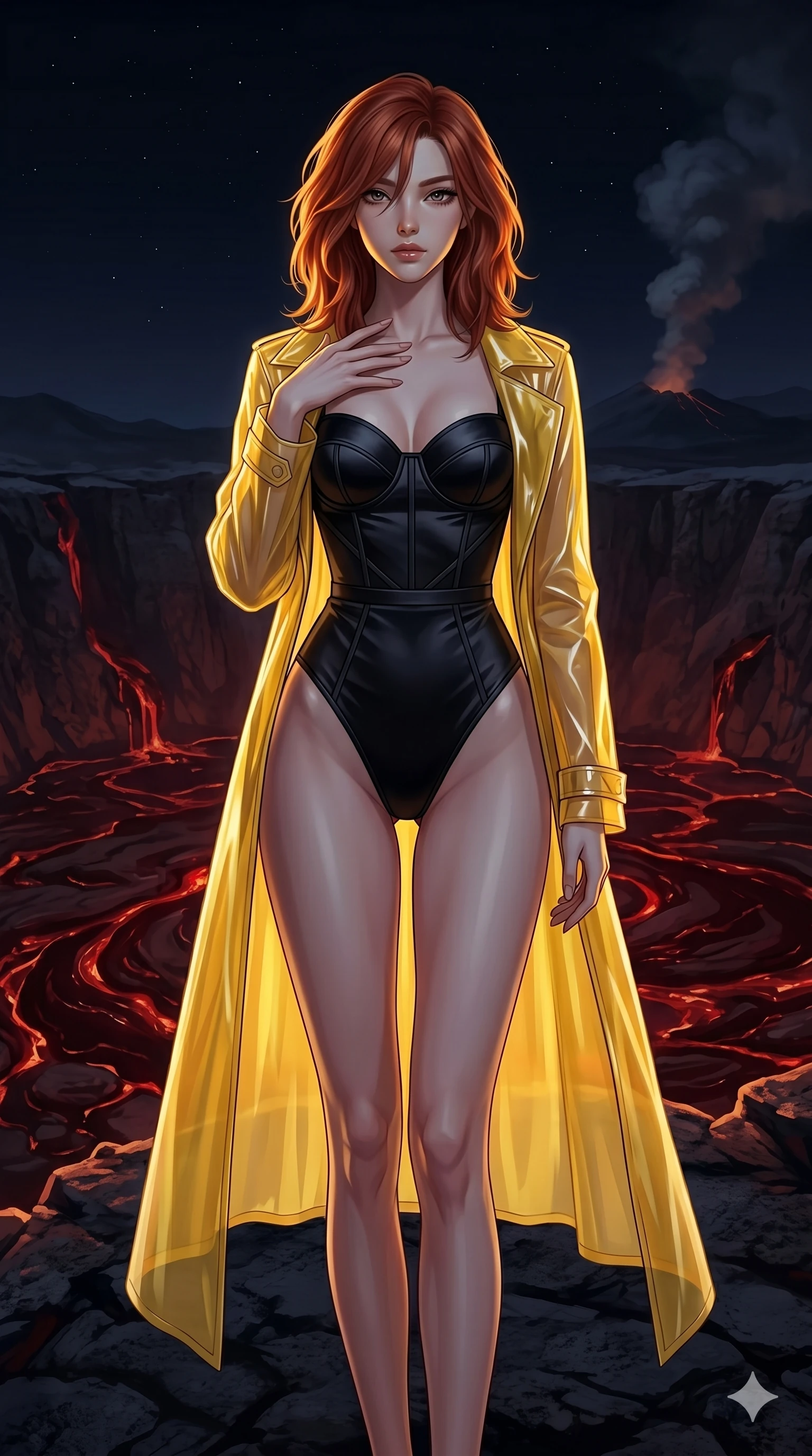 score_9, masterpiece, best quality, ultra-detailed, high-budget anime keyframe, editorial fashion photography, tasteful artistic composition, Korean woman. cowboy shot from the thighs up, character and outfit filling the frame for maximum editorial presence. Pressing one hand lightly to her collarbone in a composed gesture at the edge of an active volcanic crater with streams of dark red lava glowing in the night. She has an absolutely perfect 8-heads proportion, an exceptionally tall and slender female figure with impossibly long slender legs and an ultra-slim waist. V-shaped jawline, high-bridge nose, intricate jewel-like eyes with depth, thick eyelashes, glossy lips with a natural sheen. wearing a translucent yellow PVC trench coat worn open over a high-cut black satin leotard with a structured sweetheart bust. lit by dramatic chiaroscuro with a single golden key light carving her facial contours and figure. 2k, ultra detail, master piece, 9:16 ratio
