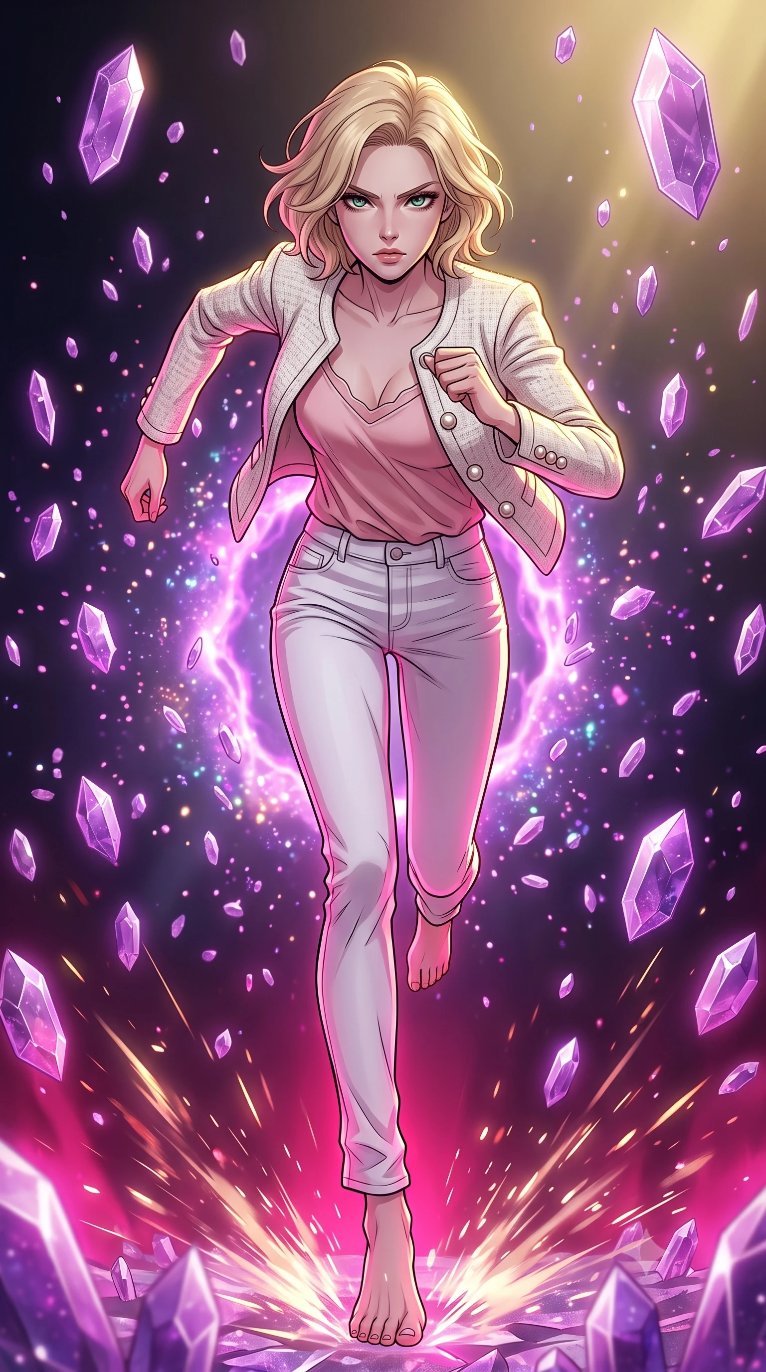 score_9, masterpiece, best quality, ultra-detailed, high-budget anime keyframe, clean line-art, cel-shading, Caucasian woman, strictly human ears. low angle full-body shot from head to toe showing her feet, filling the entire 9:16 vertical frame with her statuesque presence, stretching her vertical silhouette. dashing forward aggressively, leaving a trail of motion-blurred sparks as she strides through a dark void populated by floating amethyst crystals of all sizes, orbiting slowly around a central glowing rift. She has a statuesque 8.5-heads proportion, an exceptionally tall, slender and willowy model-like build with impossibly long legs and a highly sculpted ultra-slim waist. sharp v-shaped jawline, high-bridge nose, intricate jewel-like eyes with depth, thick eyelashes, glossy lips with a natural sheen. wearing catching and diffusing the glowing particles, shimmering softly in response to the surrounding light, a form-contouring structured ivory tweed jacket with pearl buttons over a blush pink silk camisole and white denim trousers. dramatic contrast of hot pink furnace glow from below and cool golden light from above. highly saturated vibrant anime colors, intense vivid color palette, volumetric dynamic lighting, 2k, ultra detail, master piece, 9:16 ratio