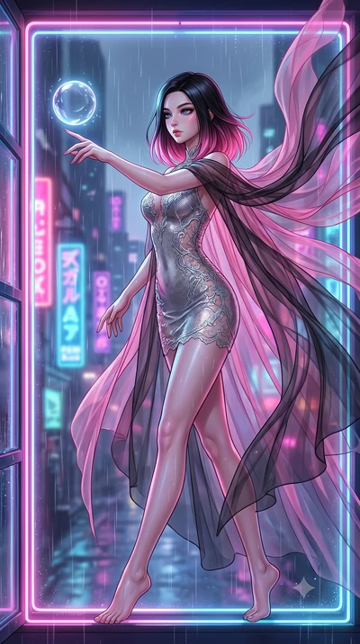 score_9, masterpiece, best quality, ultra-detailed, High-budget Anime Keyframe, East Asian woman. Dynamic full-body shot stretching the vertical silhouette to the limit. Scenario 470: reaching out to catch a floating sphere of liquid light in a glowi