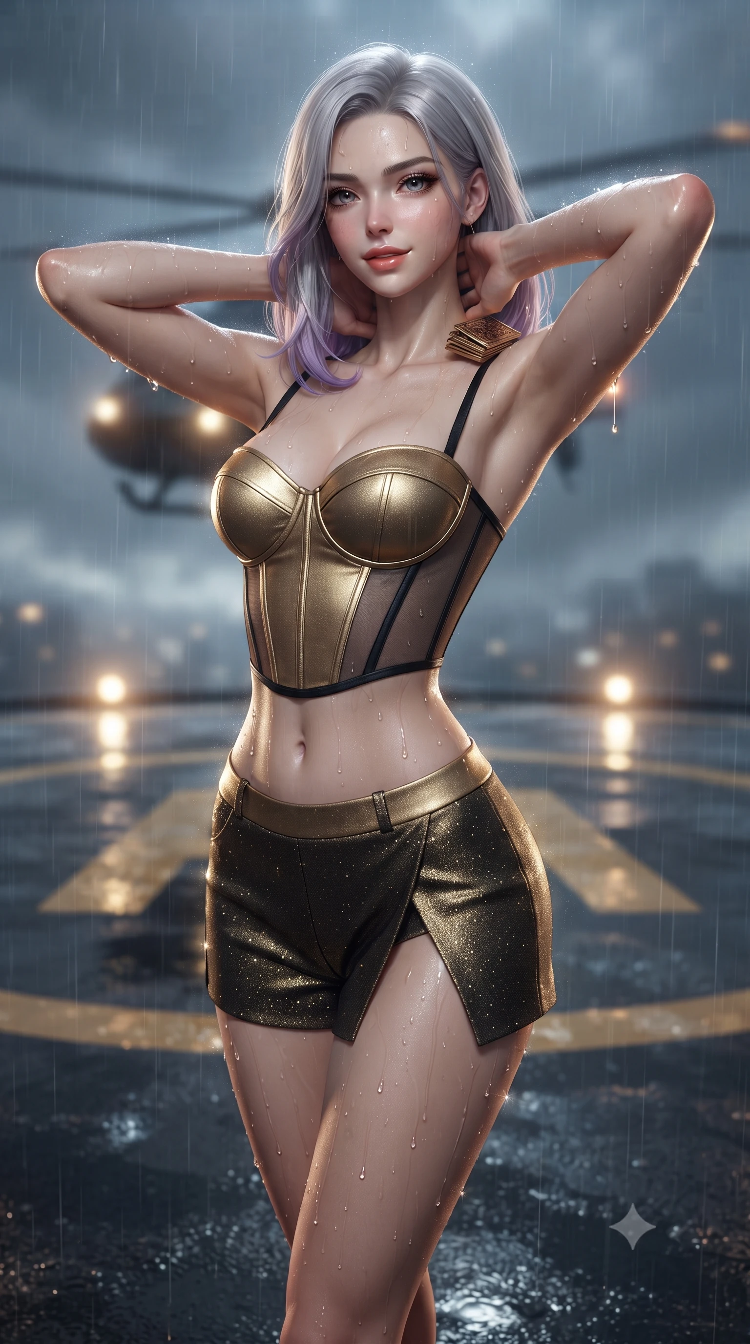 score_9, masterpiece, best quality, ultra-detailed, high-budget anime keyframe, editorial fashion photography, tasteful artistic composition, Caucasian woman. close-up cowboy shot from the waist and thighs up, the character dominates the composition, filling the frame with her large presence. resting both hands lightly behind her neck with elbows raised, arching her spine to highlight her narrow waist, flat midriff, and breathtaking collarbones while standing tall on the wet helipad marked with glowing gold lines, arching her back with breathtaking sovereign power as rain glistens on skin. The background shows a soft-focus helicopter approach lights softened in dramatic atmospheric shallow focus. She has an exceptionally elegant, slender, and willowy female figure with an ultra-slim waist, flat toned midriff, narrow ribcage, and sculpted feminine hips creating an alluring, slim hourglass silhouette without bulk. sharp v-shaped jawline, high-bridge nose, sparkling eyes with hypnotic seductive depth, thick curled eyelashes, glossy parted lips with a natural dewy peach sheen, alluring bedroom-eyes with an enchanting coquettish smile, exuding magnetic siren charisma and sophisticated glamour, flawlessly proportioned anatomical accuracy, strict slender model proportions, natural body alignment, perfectly sculpted long slender limbs, ultra-slim waistline, clean dynamic posture without body distortion. wearing a structured boned satin corset bodice with sheer illusion side panels paired with low-waisted tailored micro-shorts in dual-tone high-contrast gold-and-black monochrome, woven from stretch metallic lurex jersey casting radiant starlight glints across her silhouette, accented with a stack of engraved gold casino plaques held loosely in one hand, the high-slit wrap tailoring accentuating her ultra-slim waistline and the enchanting curve of her feminine hips with alluring seductive charm. illuminated by puddle specular bounce and sharp platinum-gold rim lights defining her delicate clavicles, narrow waist, and curvy hips. ultra-reflective glossy finish, specular highlights, rich textural contrasts, high-contrast stereoscopic depth, volumetric dynamic lighting, 2k, ultra detail, master piece, 9:16 ratio