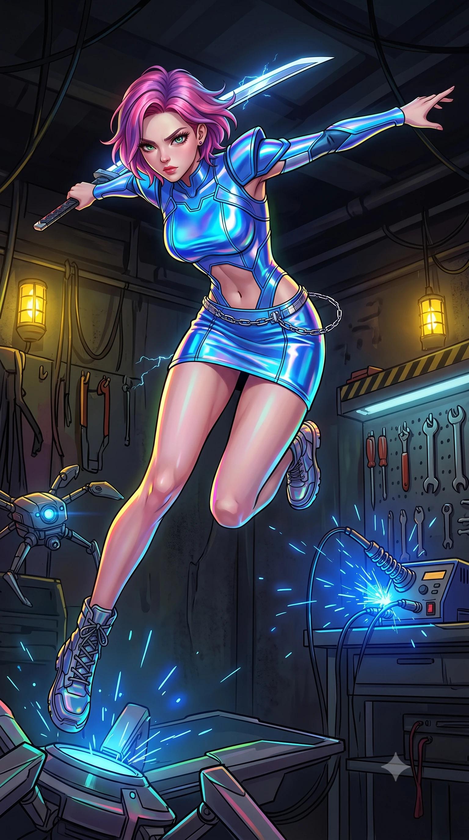 score_9, masterpiece, best quality, ultra-detailed, high-budget anime keyframe, editorial fashion photography, tasteful artistic composition, Caucasian woman, strictly human ears. low angle full-body shot from head to toe showing her feet, filling the entire 9:16 vertical frame with her statuesque presence, stretching her vertical silhouette. leaping aggressively down onto an enemy platform with her energy blade drawn to strike within a secret hideout where stolen security drones are rewired, tools hanging from walls, and blue sparks flying from solder stations. She has a statuesque 8.5-heads proportion, an exceptionally tall, slender and willowy model-like build with impossibly long legs and a highly sculpted ultra-slim waist. sharp v-shaped jawline, high-bridge nose, intricate jewel-like eyes with depth, thick eyelashes, glossy lips with a natural sheen. wearing tailored for maximum mobility, sleek form-contouring panels that allow fluid movement, a form-contouring holographic mini dress in electric blue, featuring structured shoulder pads, an exposed midriff, and a silver waist chain. highly saturated vibrant anime colors, intense vivid color palette, soft 3D volumetric shading, volumetric dynamic lighting, flickering yellow safety lamps and blue electrical sparks casting sharp outlines. 2k, ultra detail, master piece, 9:16 ratio
