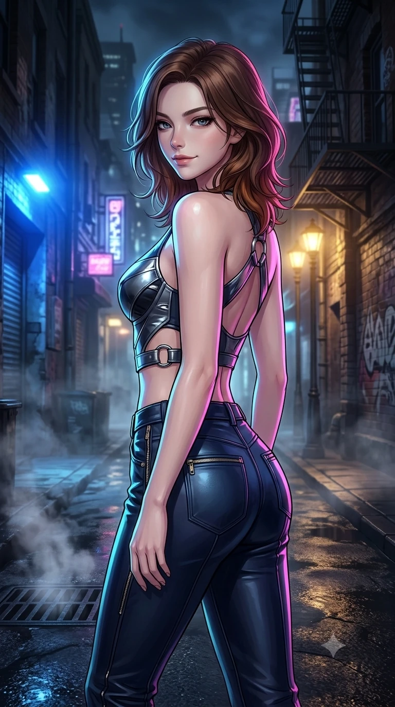 score_9, masterpiece, best quality, ultra-detailed, high-budget anime keyframe, semi-realistic 3D game render, editorial fashion photography, tasteful artistic composition, Korean woman. close-up cowboy shot from the waist and thighs up, the character dominates the composition, filling the frame with her large presence. posing in an alluring rear three-quarter angle, turning over a bare shoulder with an intoxicating, smoldering gaze, her hips cocked back to highlight her slim hourglass curve while stepping forward out of the misty alley shadows with hypnotic poise, hips swaying in an alluring supermodel rhythm. The surrounding environment is rendered in vivid detail and crisp panoramic clarity: detailed asymmetric metallic mini dress cling, liquid surface sheen, and gritty urban textures in razor-sharp precision. She has an exceptionally elegant, slender, and willowy female figure with an ultra-slim waist, flat toned midriff, narrow ribcage, and sculpted feminine hips creating an alluring, slim hourglass silhouette without bulk. sharp v-shaped jawline, high-bridge nose, intricate jewel-like dark sparkling eyes with dangerous depth, thick curled eyelashes, glossy parted lips with a rich wine sheen, smoldering seductive half-smile with bedroom-eyes, exuding effortless superiority and intoxicating dark allure, flawlessly proportioned anatomical accuracy, strict slender model proportions, natural body alignment, perfectly sculpted long slender limbs, ultra-slim waistline, clean dynamic posture without body distortion. wearing a cropped structured bodice top paired with ultra-fitted high-waisted leather trousers tracing her hips in cobalt blue floodlights and warm golden promenade streetlights, made of fluid liquid jersey with seamless sculpting hold and smooth contours, accented with sculptural chrome hardware rings framing the subtle cutouts, the bespoke structured tailoring following the natural line of her 8.5-heads silhouette with refined elegance. illuminated by steam-lit ground bounce and sharp fuchsia-cyan rim lights defining her razor-sharp jawline, narrow waist, and curvy hips. highly saturated vibrant anime colors, detailed shading with soft gradients, rich glossy textures, high-contrast stereoscopic depth, volumetric dynamic lighting, master piece, 9:16 ratio