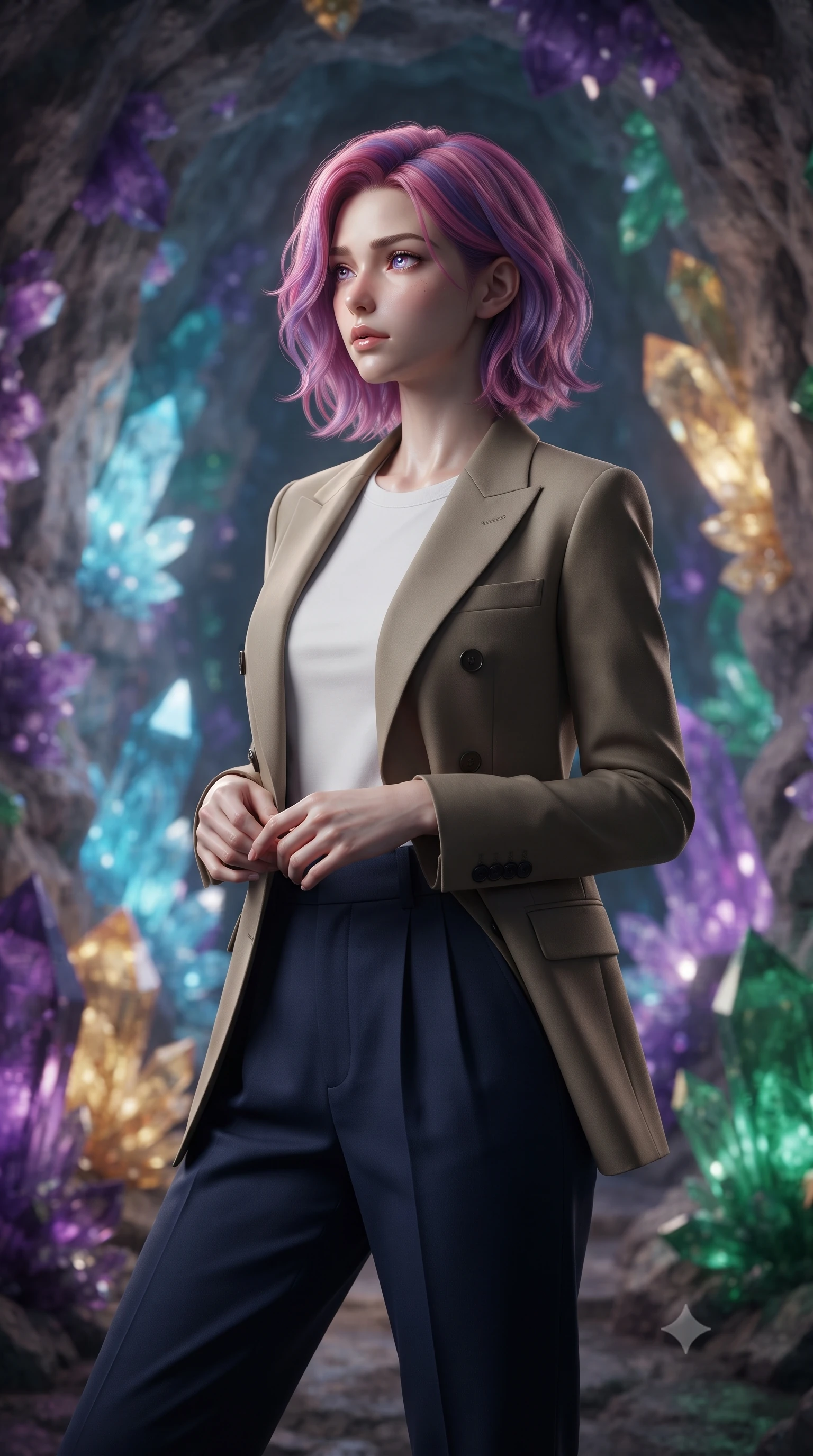 score_9, masterpiece, best quality, ultra-detailed, high-budget anime keyframe, editorial fashion photography, tasteful artistic composition, Caucasian woman, strictly human ears. close-up cowboy shot from the waist and thighs up, the character dominates the composition, filling the frame with her large presence, background elements kept in soft focus. Gazing into the distance with a wistful melancholic expression and softly glowing eyes. set against a soft-focus background of deep inside a hollowed-out asteroid whose rough stone walls are lined with enormous crystal formations in every imaginable color from deep violet amethyst to electric blue aquamarine to warm citrine gold. She has an exceptionally elegant and slender, willowy female figure with an ultra-slim waist, a gracefully sculpted slender torso, and a refined slim physique. sharp v-shaped jawline, high-bridge nose, intricate jewel-like eyes with depth, thick eyelashes, glossy lips with a natural sheen. wearing a double-breasted khaki blazer over a white crew-neck tee and high-waisted navy pleated trousers. the crystals themselves emit soft inner glow in their respective colors creating a rainbow cave of ambient illumination with sharp specular highlights on crystal facets. 2k, ultra detail, master piece, 9:16 ratio