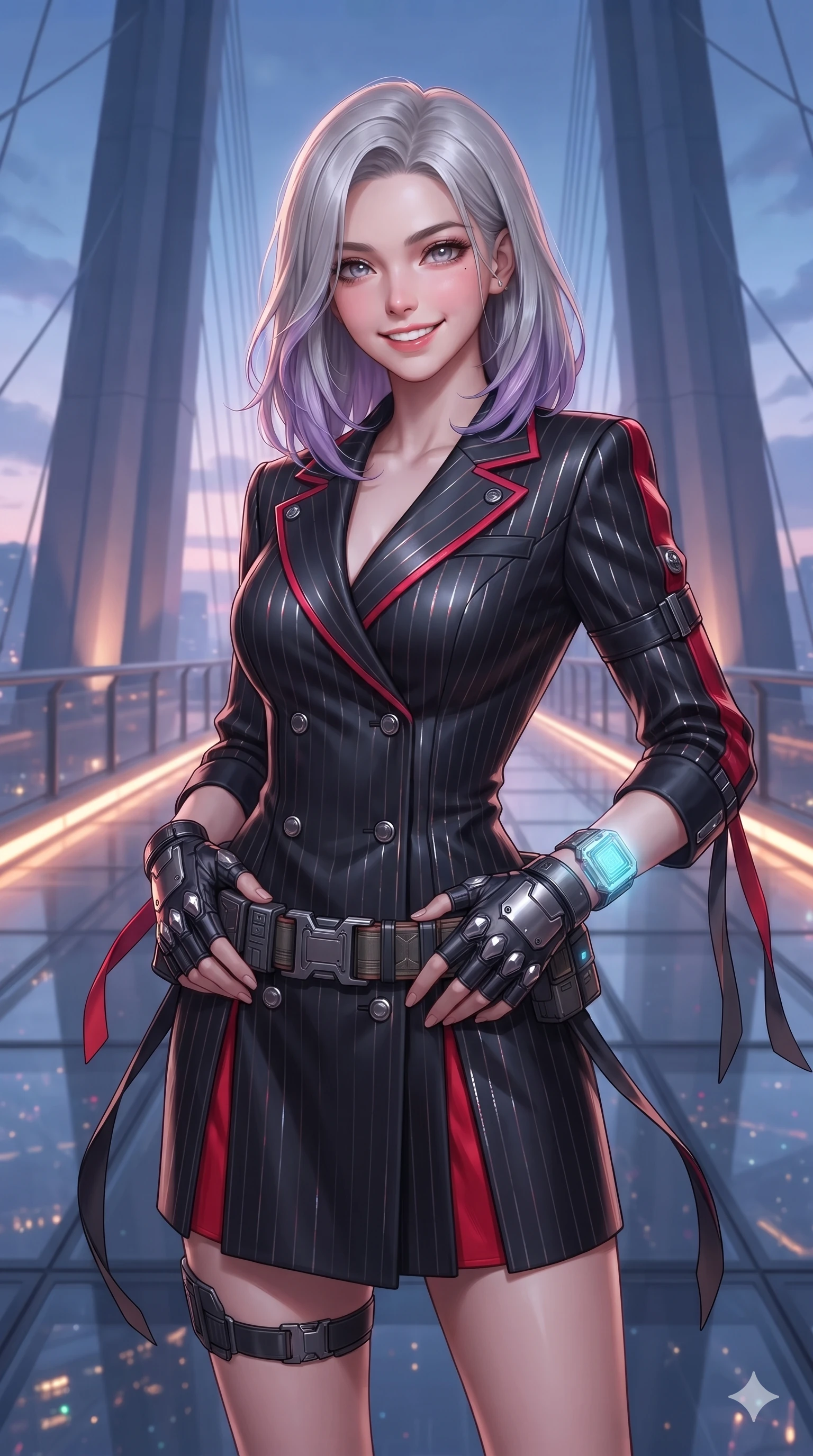 score_9, masterpiece, best quality, ultra-detailed, high-budget anime keyframe, editorial fashion photography, tasteful artistic composition, Caucasian woman. close-up cowboy shot from the waist and thighs up, the character dominates the composition, filling the frame with her large presence. resting both hands lightly on her tactical utility belt, arching her spine to highlight her narrow waist, flat midriff, and breathtaking collarbones while standing poised at the center of the glass span, arching her lower back with sovereign supermodel grace as high-altitude winds flutter her tactical ribbons. The surrounding environment is rendered in vivid detail and crisp panoramic clarity: detailed haute-couture tactical catsuit tailoring, polished chrome buckle hardware, and monumental futuristic bridge architecture in razor-sharp precision. She has an exceptionally elegant, slender, and willowy female figure with an ultra-slim waist, flat toned midriff, narrow ribcage, and sculpted feminine hips creating an alluring, slim hourglass silhouette without bulk. sharp v-shaped jawline, high-bridge nose, intricate jewel-like sparkling eyes with depth, thick eyelashes, glossy parted lips with a natural sheen, bright confident smile with an enchanting and coquettish sensual glint, exuding both youthful magnetic charm and sovereign high-tech allure, flawlessly proportioned anatomical accuracy, strict slender model proportions, natural body alignment, perfectly sculpted long slender limbs, ultra-slim waistline, clean dynamic posture without body distortion. wearing a tailored double-breasted cyber-operative blazer dress with subtle metallic pin-stripes and structured lapels in midnight black lacquer and vibrant scarlet neon, woven from high-density tech-wool with subtle metallic thread weave, complemented by fingerless armored tactical gloves and a glowing holographic wrist terminal, the impeccably tailored cut draping gracefully along her slender figure with aristocratic poise. bathed in the ethereal twilight skyglow combined with warm under-rail LED strip lighting and glittering city reflections from below. ultra-reflective glossy finish, specular highlights, rich textural contrasts, high-contrast stereoscopic depth, volumetric dynamic lighting, 2k, ultra detail, master piece, 9:16 ratio