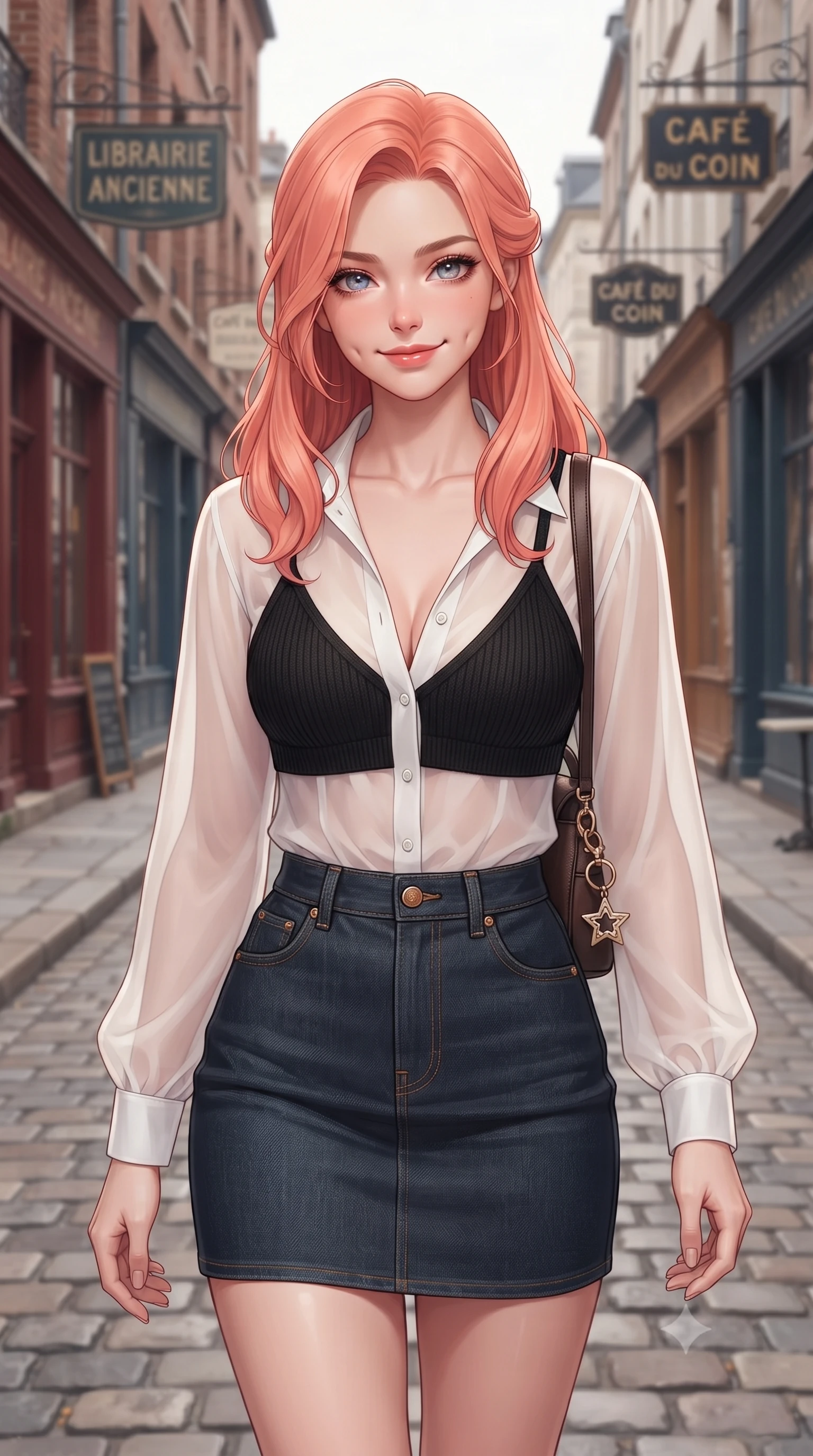 score_9, masterpiece, best quality, ultra-detailed, high-budget anime keyframe, editorial fashion photography, tasteful artistic composition, Japanese woman. close-up cowboy shot from the waist and thighs up, the character dominates the composition, filling the frame with her large presence, background elements kept in soft focus. smiling with soft, captivating dimples, casting a warm yet magnetic gaze directly into the lens set against a soft-focus background of walking along a historic street lined with brick boutiques and vintage signs holding a cute key ring attached to her small backpack. She has an exceptionally elegant, slender, and willowy female figure with an ultra-slim waist, a gracefully sculpted slender torso, and a refined silhouette. sharp v-shaped jawline, high-bridge nose, intricate jewel-like eyes with depth, thick eyelashes, glossy lips with a natural sheen. wearing tailored sheer chiffon button-up shirt in white, worn over a slim-fit knit bralette and a mini skirt. cool midday daylight creating a clean, high-key editorial look in the plaza. highly saturated vibrant anime colors, detailed shading with soft gradients, rich glossy textures, high-contrast stereoscopic depth, volumetric dynamic lighting, master piece, 9:16 ratio