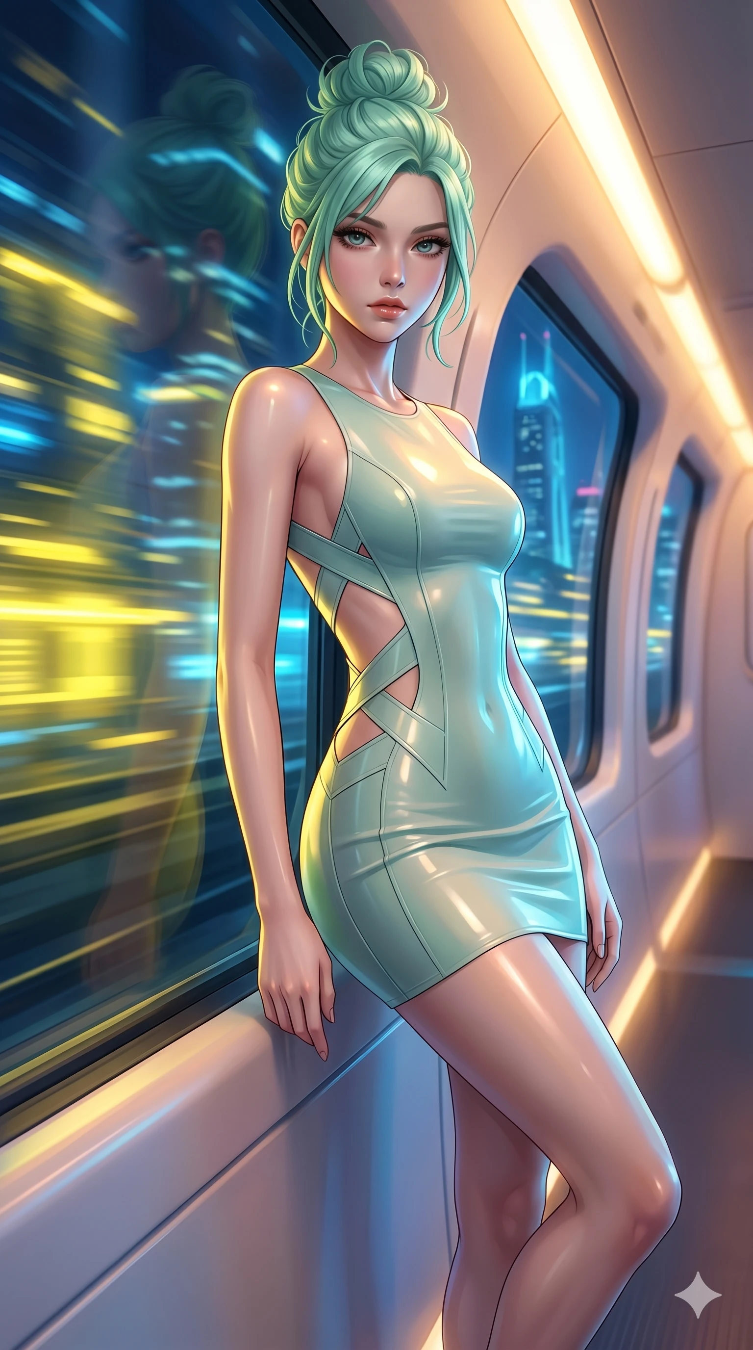 score_9, masterpiece, best quality, ultra-detailed, high-budget anime keyframe, semi-realistic 3D game render, Japanese woman. Upper body close-up from the thighs up, character filling the screen for maximum presence. She is leaning against a train window in a speeding magnetic train, with city neon lights blurring outside. She turns her face to the camera with a sultry, contemplative expression. She has an absolutely perfect 8-heads proportion, an exceptionally tall and slender female figure with impossibly long slender legs and an ultra-slim waist. V-shaped jawline, high-bridge nose, intricate jewel-like eyes with depth, thick eyelashes, glossy lips with a natural sheen. She is wearing a second-skin fashion-latex mini dress with a clean architectural front, featuring an open-back design that wraps around the sides of her waist, showcasing her slender silhouette. The scene is bathed in passing yellow and blue city lights and a soft glowing interior ceiling light. 2k, ultra detail, master piece, 9:16 ratio
