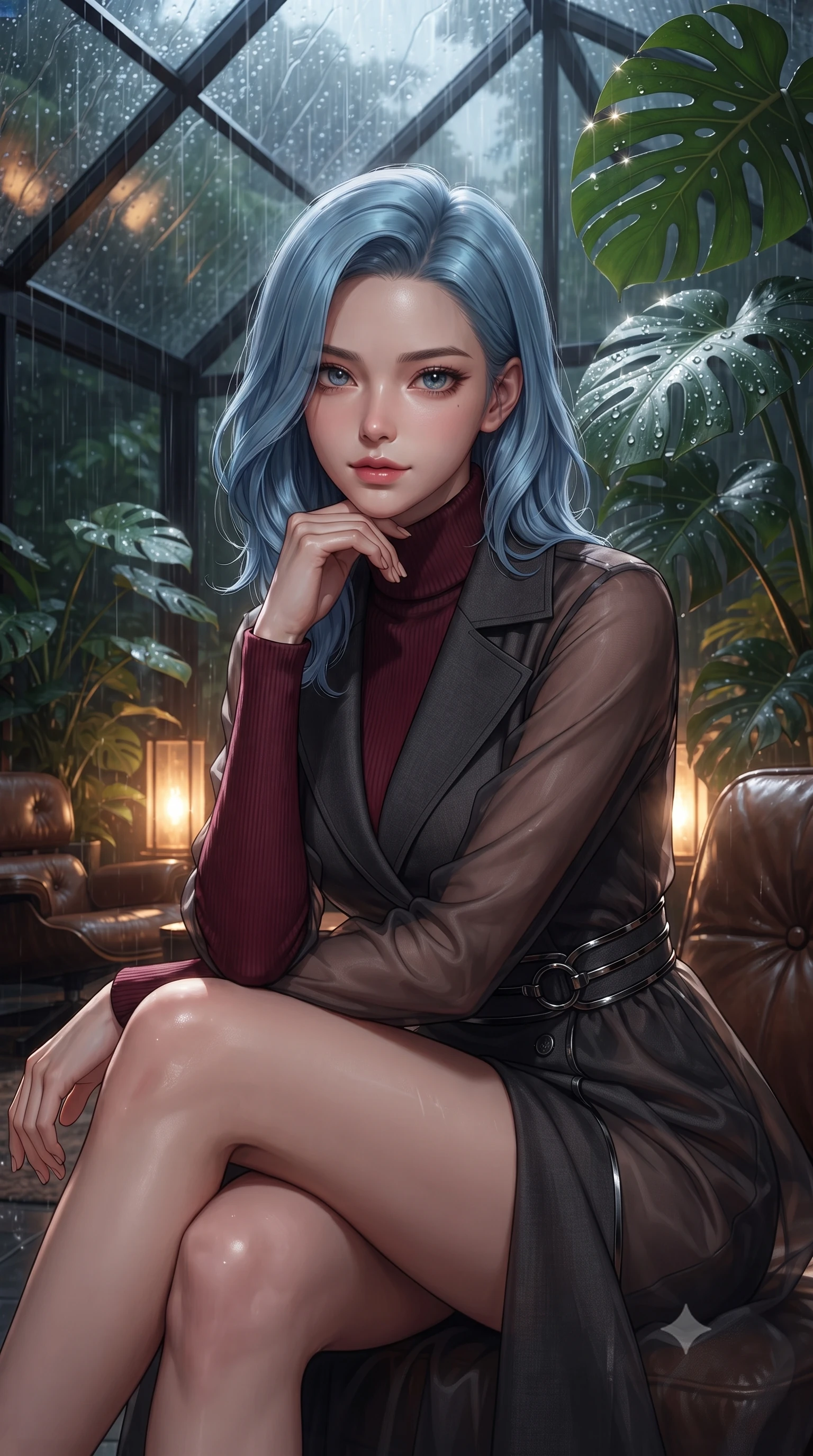 score_9, masterpiece, best quality, ultra-detailed, high-budget anime keyframe, editorial fashion photography, tasteful artistic composition, Korean woman. close-up cowboy shot from the waist and thighs up, the character dominates the composition, filling the frame with her large presence, background elements kept in soft focus. Resting her chin on the backs of her fingers with an air of effortless superiority, inside a private greenhouse lounge at 2 AM as torrential rain hits the glass roof, dewdrops on large tropical monstera leaves catching sharp specular highlights. She has an exceptionally elegant, slender, and willowy female figure with an ultra-slim waist, a gracefully sculpted slender torso, and a refined silhouette. sharp v-shaped jawline, high-bridge nose, intricate jewel-like eyes with depth, thick eyelashes, glossy lips with a natural sheen. wearing structured charcoal trench dress over sleek turtleneck in deep crimson burgundy, made of sheer dark organza overlay, trimmed with dark chrome ring hardware along the waist contours, following her slender form with tailored precision. illuminated by warm amber floor lights filtering through tropical greenery. ultra-reflective glossy finish, specular highlights, metallic sheen, high-contrast stereoscopic depth, volumetric dynamic lighting, 2k, ultra detail, master piece, 9:16 ratio
