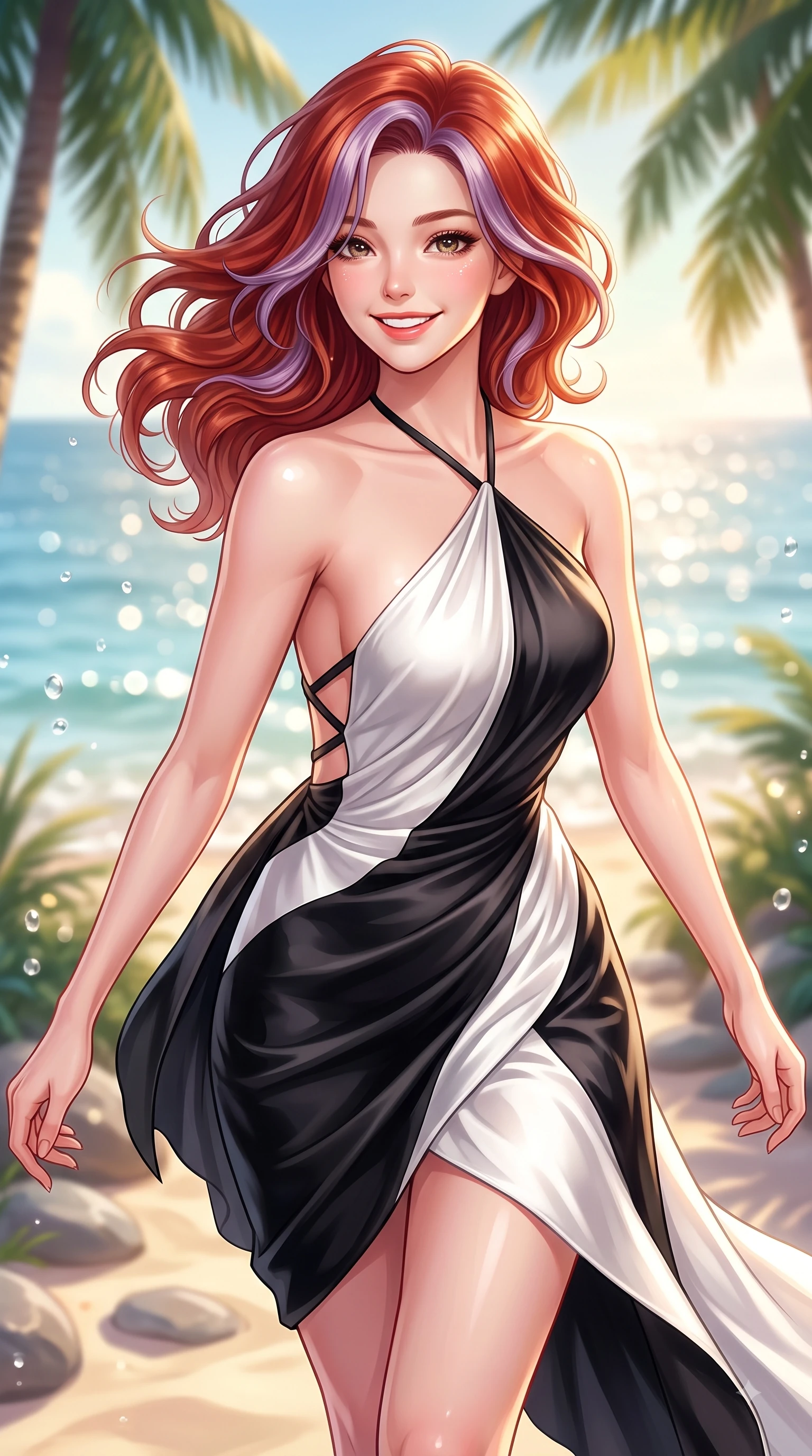 score_9, masterpiece, best quality, ultra-detailed, high-budget anime keyframe, editorial fashion photography, tasteful artistic composition, Caucasian woman. close-up cowboy shot from the waist and thighs up, the character dominates the composition, filling the frame with her large presence. Cheerful beaming smile with sparkling eyes and a fresh girlhood aura, leaning forward with playful grace while strolling along a sun-drenched island path with the sparkling sea stretching into the distance. The composition keeps background elements in soft focus with dreamy bokeh. warm tropical ocean light reflecting off water droplets blurred into a soft backdrop. She has an exceptionally elegant, slender, and willowy female figure with an ultra-slim waist, a gracefully sculpted slender torso, and a refined silhouette. sharp v-shaped jawline, high-bridge nose, intricate jewel-like eyes with depth, thick eyelashes, glossy lips with a natural sheen, flawlessly proportioned anatomical accuracy, natural body alignment, perfectly sculpted elegant limbs, clean dynamic posture without body distortion. wearing a delicate silk halter-neck dress following her curves gracefully in sleek jet black and pure white contrast, crafted from smooth liquid silk satin, finished with delicate criss-cross back straps highlighting her bare shoulders, the elegant draped fit framing her graceful clavicle and slender torso. surrounded by a fresh, sun-drenched, and relaxing vacation atmosphere. highly saturated vibrant anime colors, detailed shading with soft gradients, rich glossy textures, high-contrast stereoscopic depth, volumetric dynamic lighting, master piece, 9:16 ratio