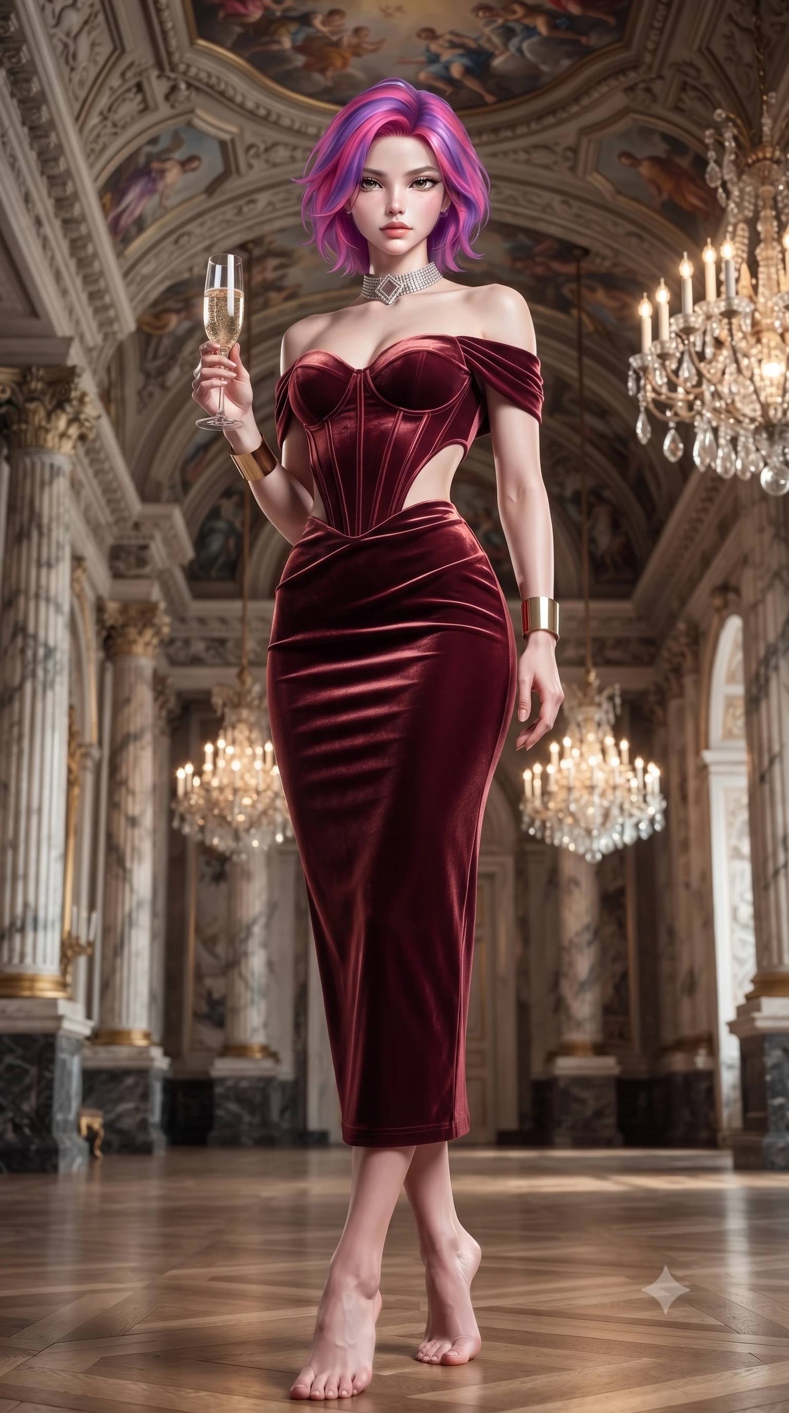 score_9, masterpiece, best quality, ultra-detailed, high-budget anime keyframe, editorial fashion photography, tasteful artistic composition, Caucasian woman. low angle full-body shot from head to toe showing her feet, filling the entire 9:16 vertical frame with her statuesque presence, stretching her vertical silhouette. landing lightly on the balls of her feet in a balanced kinetic stance, eyes locked onto the camera with fearless allure while holding a crystal flute of sparkling champagne with delicate poise, her jewel-like eyes locked onto the viewer. The surrounding environment is rendered in vivid detail and crisp panoramic clarity. detailed neoclassical column fluting, palace ceiling chandeliers, and satin dress textures in high clarity. She has an absolutely perfect, statuesque 8.5-heads proportion, an exceptionally tall and slender model-like female figure with impossibly long slender legs, a toned flat midriff, and an ultra-slim waist. sharp v-shaped jawline, high-bridge nose, intricate jewel-like eyes with depth, thick eyelashes, glossy lips with a natural sheen, captivating and magnetic expression, flawlessly proportioned anatomical accuracy, strict slender model proportions, natural body alignment, perfectly sculpted long slender limbs, ultra-slim waistline, clean dynamic posture without body distortion. wearing a statuesque off-shoulder duchess satin gala dress featuring a boned corset bodice in rich wine burgundy and liquid bronze, crafted from heavyweight crushed silk velvet with liquid luster, accessorized with a bold diamond choker and minimalist gold cuffs, the precision-cut daring openings accentuating her delicate midriff, graceful bare collarbones, and ultra-slim feminine waistline. surrounded by a glamorous, exclusive, and breathtakingly captivating billionaire heiress aura. ultra-reflective glossy finish, specular highlights, rich textural contrasts, high-contrast stereoscopic depth, volumetric dynamic lighting, 2k, ultra detail, master piece, 9:16 ratio
