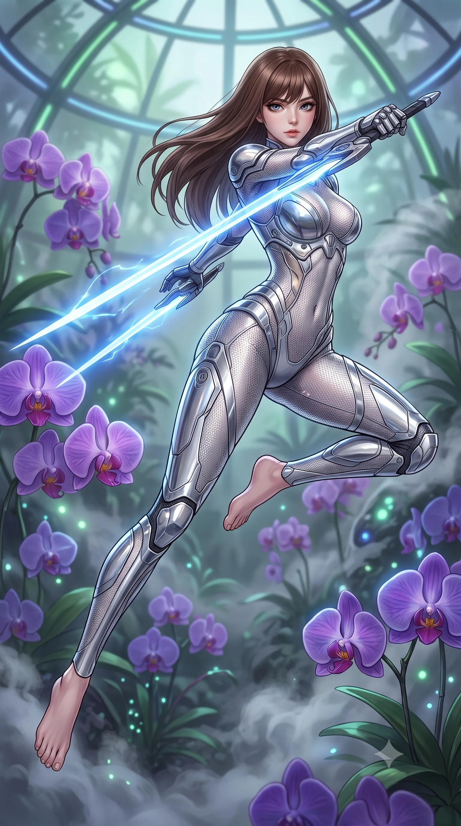 score_9, masterpiece, best quality, ultra-detailed, high-budget anime keyframe, editorial fashion photography, tasteful artistic composition, Korean woman. low angle full-body shot from head to toe showing her feet, filling the entire 9:16 vertical frame with her statuesque presence, stretching her vertical silhouette. leaping forward while slashing with a twin-bladed plasma sword in mid-air, her body-contouring suit showing her athletic silhouette, the background shows a soft-focus a botanical sanctuary dome filled with bio-engineered purple orchids and steam. She has an absolutely perfect, statuesque 8.5-heads proportion, an exceptionally tall and slender model-like female figure with impossibly long slender legs and an ultra-slim waist. sharp v-shaped jawline, high-bridge nose, intricate jewel-like eyes with depth, thick eyelashes, glossy lips with a natural sheen. wearing a body-hugging delicate silver nano-mesh bodysuit with strategically placed chrome armor plate guards covering key curves. soft green and indigo bioluminescent plant lighting casting a serene ambient glow. highly saturated vibrant anime colors, detailed shading with soft gradients, rich glossy textures, high-contrast stereoscopic depth, volumetric dynamic lighting, master piece, 9:16 ratio