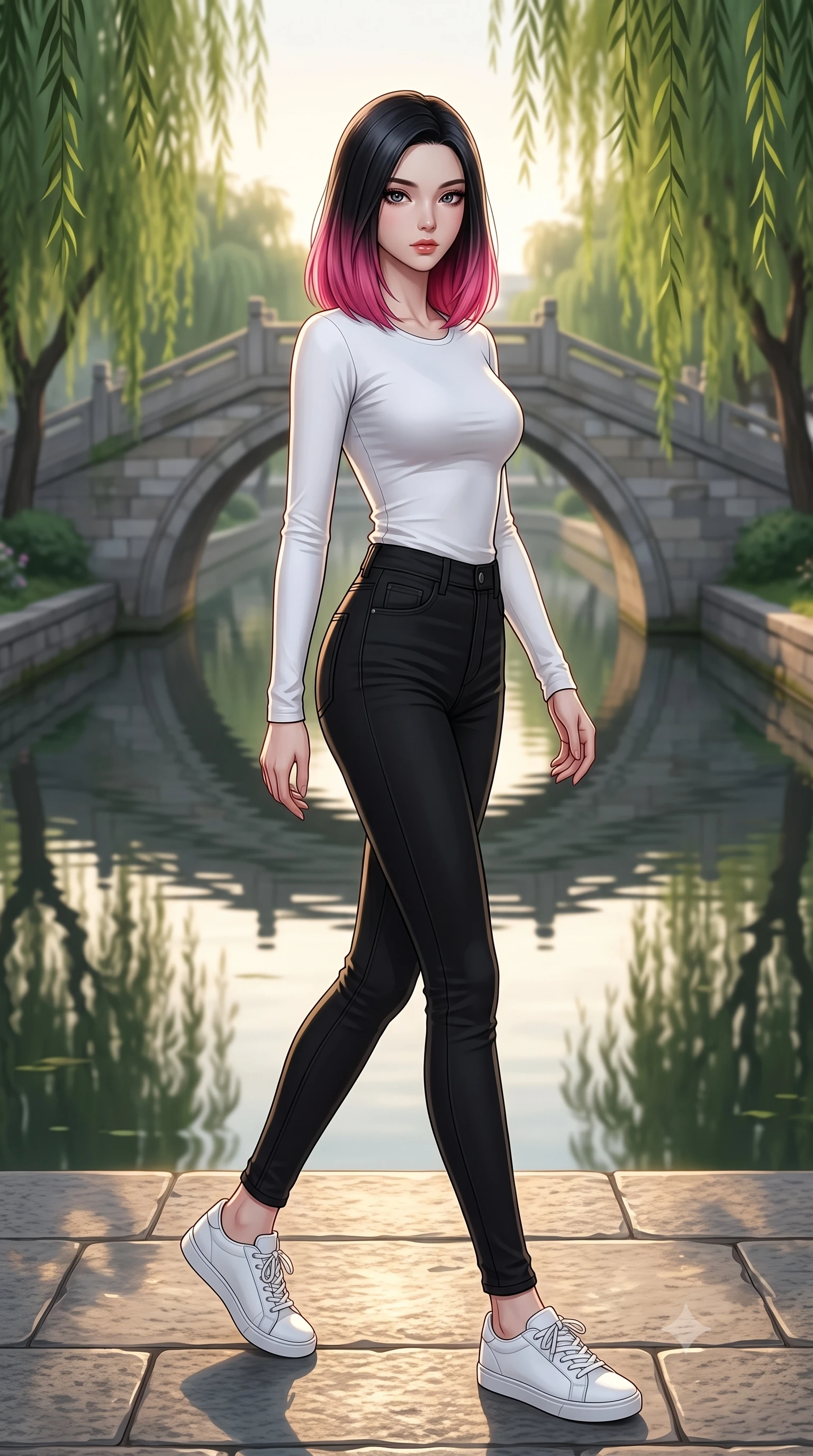 score_9, masterpiece, best quality, ultra-detailed, high-budget anime keyframe, editorial fashion photography, tasteful artistic composition, Korean woman woman. low angle full-body shot from head to toe showing her feet, filling the entire 9:16 vertical frame with her statuesque presence, stretching her vertical silhouette. stepping gracefully across a stone path in the garden the background shows a soft-focus a classic stone arch bridge over a quiet city canal, with green weeping willows lining the banks. She has an absolutely perfect, statuesque 8.5-heads proportion, an exceptionally tall and slender model-like female figure with impossibly long slender legs and an ultra-slim waist. sharp v-shaped jawline, high-bridge nose, intricate jewel-like eyes with depth, thick eyelashes, glossy lips with a natural sheen. wearing a slim-fit tight-fitting long-sleeve tee in pure white, tucked into high-waisted black skinny pants. late afternoon sun casting long shadows of the willows on the water. 2k, ultra detail, master piece, 9:16 ratio