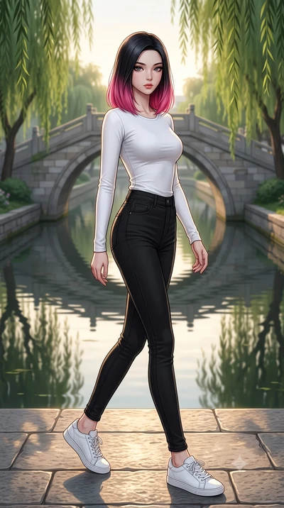 score_9, masterpiece, best quality, ultra-detailed, high-budget anime keyframe, editorial fashion photography, tasteful artistic composition, Korean woman woman. low angle full-body shot from head to toe showing her feet, filling the entire 9:16 vert