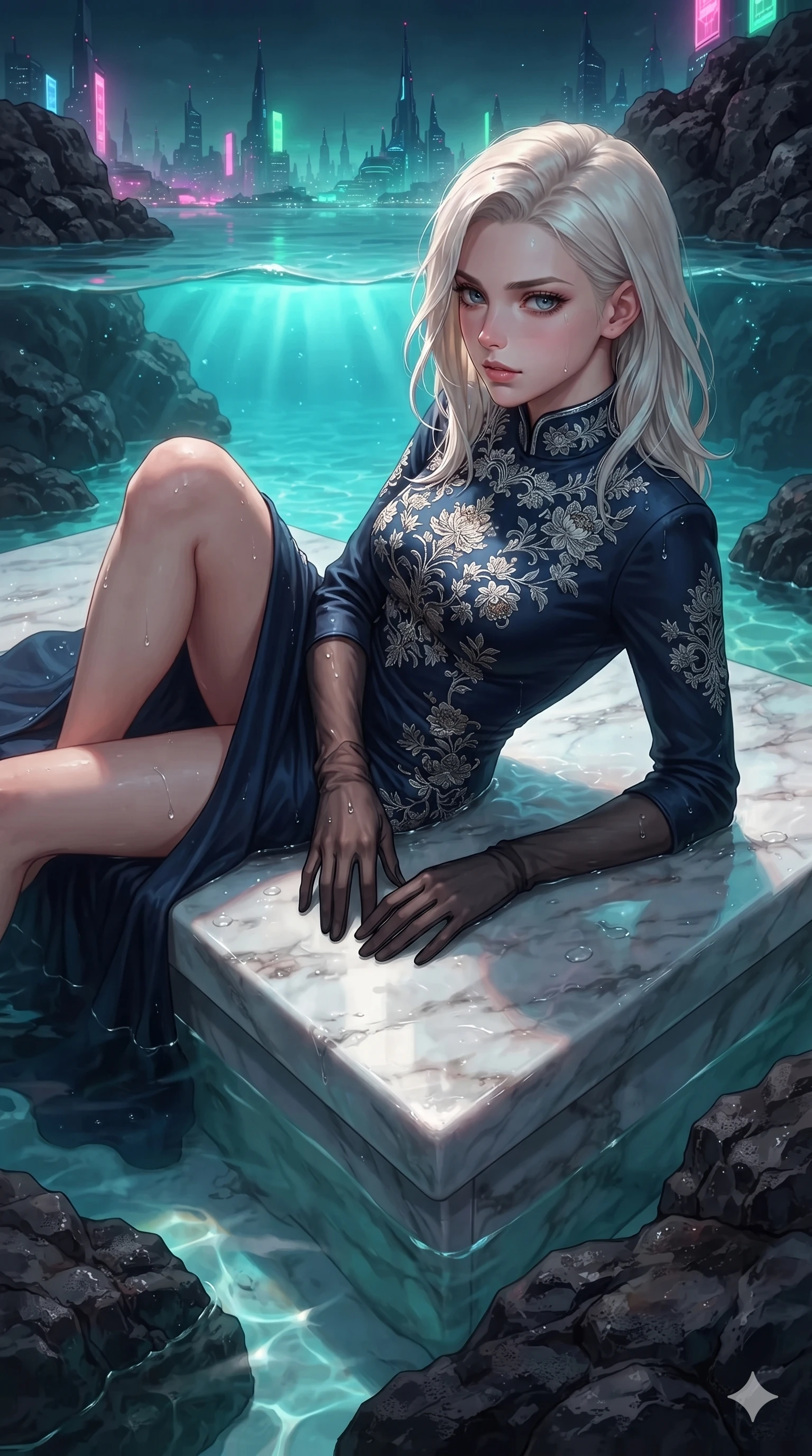 score_9, masterpiece, best quality, ultra-detailed, high-budget anime keyframe, editorial fashion photography, tasteful artistic composition, Caucasian woman. close-up cowboy shot from the waist and thighs up, the character dominates the composition, filling the frame with her large presence. twisting her slender torso in a deep contrapposto stance, hips dramatically shifted to accentuate her feminine curves while looking past her shoulder with smoldering bedroom-eyes while reclining on the submerged marble daybed with one knee bent, looking back over her shoulder with an intoxicating smoldering bedroom-gaze. The surrounding environment is rendered in vivid detail and crisp panoramic clarity: sharp textured volcanic basalt rock edges, glistening water droplets on polished stone, and crisp skyline spires in deep focus. She has an exceptionally elegant, slender, and willowy female figure with an ultra-slim waist, flat toned midriff, narrow ribcage, and sculpted feminine hips creating an alluring, slim hourglass silhouette without bulk. sharp v-shaped jawline, high-bridge nose, intricate jewel-like sparkling eyes with depth, thick eyelashes, glossy parted lips with a natural sheen, intensely captivating and seductive bedroom-eyes expression, exuding both youthful cute charm and sovereign luxury allure, flawlessly proportioned anatomical accuracy, strict slender model proportions, natural body alignment, perfectly sculpted long slender limbs, ultra-slim waistline, clean dynamic posture without body distortion. wearing a prestigious high-neck long-sleeve silk cheongsam evening gown with modest silhouette and embroidered floral crests in imperial vermilion silk and warm bronze, crafted from bespoke double-faced cashmere with an exceptionally soft tactile finish, complemented by sheer opera-length evening gloves tracing her slender arms, the impeccably tailored cut draping gracefully along her slender figure with aristocratic poise. bathed in the radiant underwater turquoise glow of the thermal pool mixed with ambient city neon from the surrounding skyline. ultra-reflective glossy finish, specular highlights, rich textural contrasts, high-contrast stereoscopic depth, volumetric dynamic lighting, 2k, ultra detail, master piece, 9:16 ratio