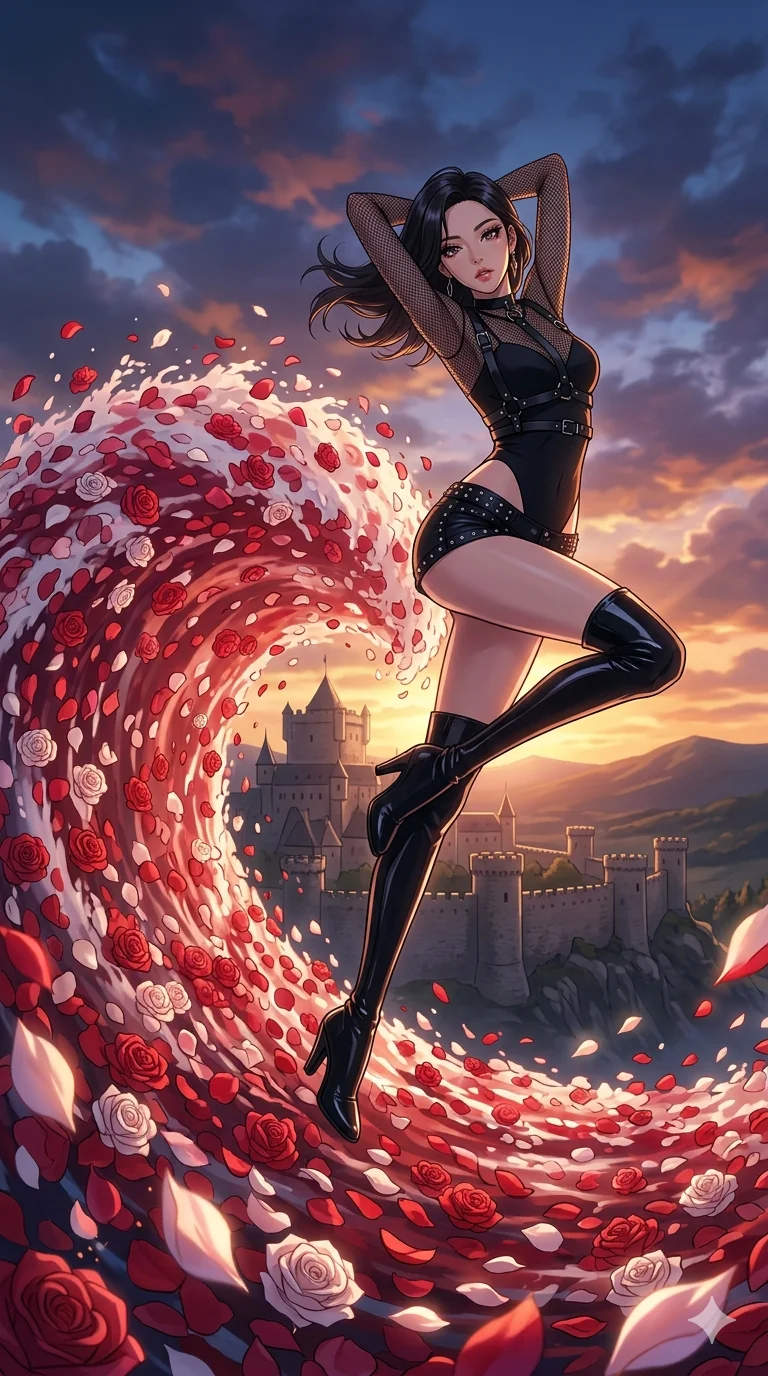 score_9, masterpiece, best quality, ultra-detailed, high-budget anime movie keyframe, cinematic anime lighting, intricate line art, Korean anime girl. Mid-air action shot capturing a graceful twist and vertical silhouette. commanding a tidal wave of rose petals to overwhelm a fortress. She has an absolutely perfect 8-heads proportion, an exceptionally tall and slender female figure with an ultra-slim waist and impossibly long slender legs. strictly human anatomy, two legs only, no extra limbs, clearly defined legs and arms, perfect anatomy, perfect hands and fingers. sharp v-shaped jawline, high-bridge nose, intricate jewel-like eyes, thick eyelashes, glossy lips. Wearing K-Idol Stage: Leather harness over mesh, high-cut bodysuit, studded micro-shorts, and thigh-high patent boots. The scene is illuminated by dramatic atmospheric lighting and vibrant color palettes. , 2k, ultra detail, master piece, 9:16 ratio