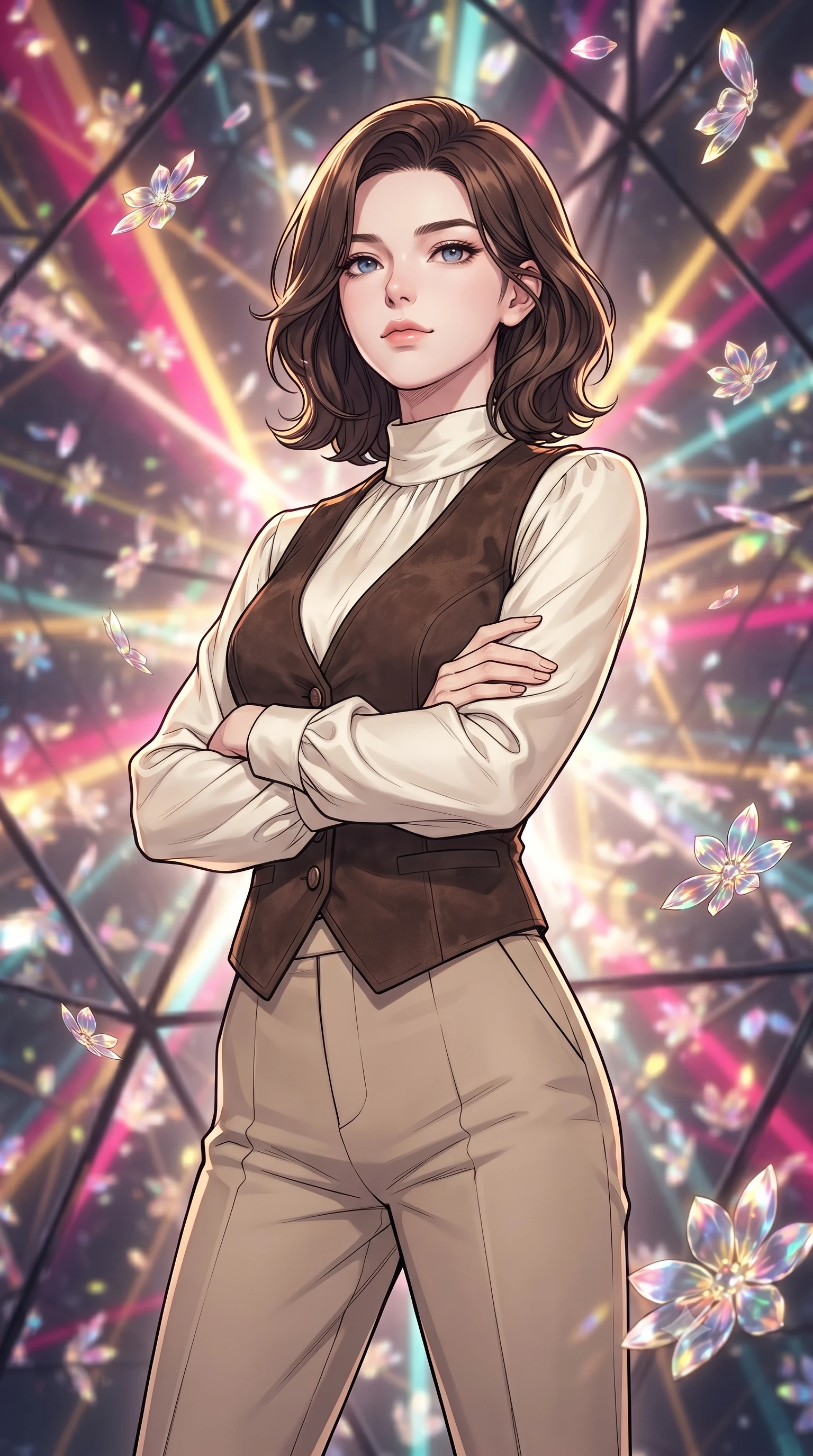 score_9, masterpiece, best quality, ultra-detailed, high-budget anime keyframe, gorgeous anime illustration, with clean line-art and distinct ink outlines, Korean woman. close-up cowboy shot from the waist and thighs up, the character dominates the composition, filling the frame with her large presence, background elements kept in soft focus. Crossing her arms with serene confidence and chin slightly raised. set against a soft-focus background of inside a chamber where the walls are made of triangular mirrors that rotate, creating a giant kaleidoscope effect, with floating glass flower petals forming mandala patterns in the air. She has an exceptionally elegant and slender, willowy female figure with an ultra-slim waist, a gracefully sculpted slender torso, and a refined slim physique. sharp v-shaped jawline, high-bridge nose, intricate jewel-like eyes with depth, thick eyelashes, glossy lips with a natural sheen. wearing a high-neck ivory silk blouse under a dark brown suede vest, paired with beige tailored trousers. infinite reflections of colorful light beams (magenta, gold, violet) bouncing off the mirror walls, creating a dazzling rim light. 2k, ultra detail, master piece, 9:16 ratio, vibrant anime color palette, detailed cel-shading with soft gradients, rich contrast, dynamic lighting, 2d animation style
