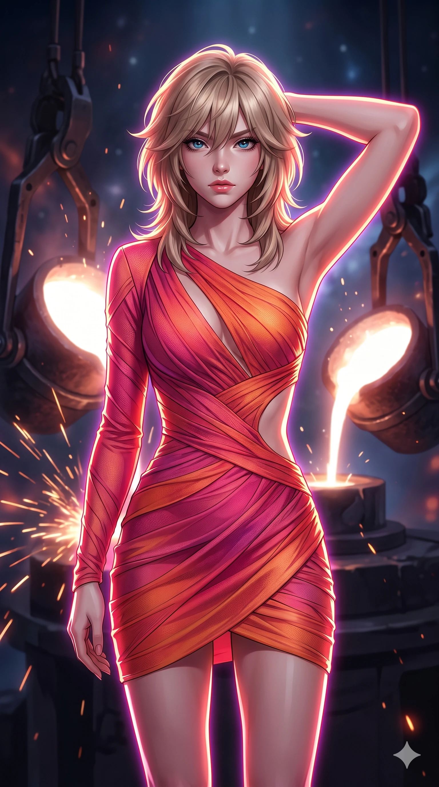 score_9, masterpiece, best quality, ultra-detailed, high-budget anime keyframe, editorial fashion photography, tasteful artistic composition, Japanese woman. close-up cowboy shot from the waist and thighs up, the character dominates the composition, filling the frame with her large presence, background elements kept in soft focus. Placing one hand behind her head with confident body language and a direct stare. set against a soft-focus background of a cosmic smithy where new stars are forged in massive crucibles of dark matter molten stellar material glowing white-hot as it is poured into celestial molds by gravitational tongs sparks of nuclear fusion flying. She has an exceptionally elegant and slender, willowy female figure with an ultra-slim waist, a gracefully sculpted slender torso, and a refined slim physique. sharp v-shaped jawline, high-bridge nose, intricate jewel-like eyes with depth, thick eyelashes, glossy lips with a natural sheen. wearing an asymmetric one-sleeve mini dress in a warm fuchsia and orange gradient, with a dramatic side cutout. brilliant cinematic volumetric lighting with intense neon rim light outlining her form. 2k, ultra detail, master piece, 9:16 ratio