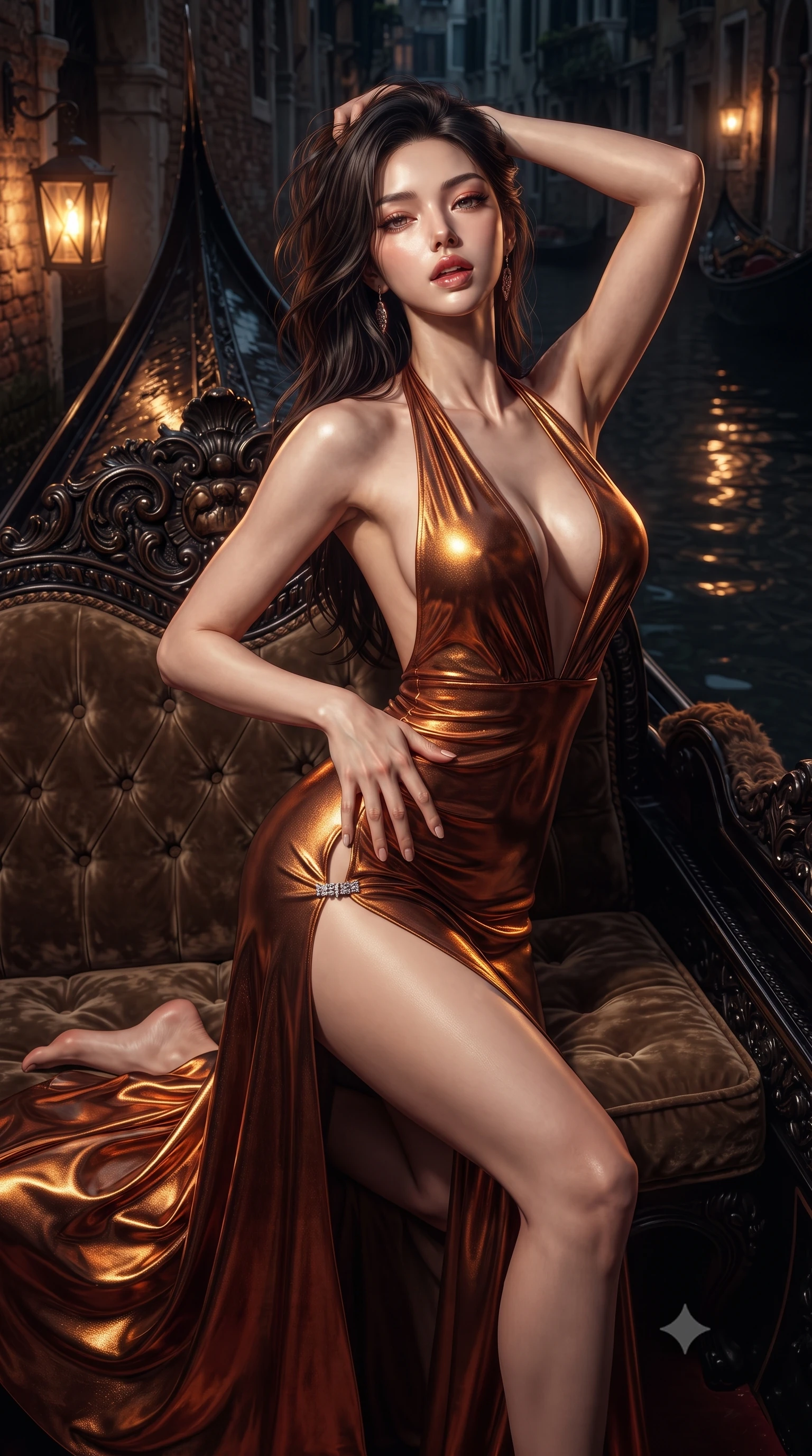 score_9, masterpiece, best quality, ultra-detailed, high-budget anime keyframe, editorial fashion photography, tasteful artistic composition, Korean woman. close-up cowboy shot from the waist and thighs up, the character dominates the composition, filling the frame with her large presence. resting one manicured hand delicately on her hip bone, her upper body turning in a fluid, seductive S-curve while parted lips glisten in the light while stretching languidly on the gondola daybed with hands raised behind her head, parted glossy lips reflecting flickering lantern glow. The surrounding environment is rendered in vivid detail and crisp panoramic clarity. sharp carved baroque gondola prow details, velvet cushion tufting, and damp marble masonry in deep focus. She has an exceptionally elegant, slender, and willowy female figure with an ultra-slim waist, flat toned midriff, narrow ribcage, and sculpted feminine hips creating an alluring, slim hourglass silhouette without bulk. sharp v-shaped jawline, high-bridge nose, intricate jewel-like eyes with depth, thick eyelashes, glossy parted lips with a natural sheen, intensely captivating and seductive bedroom-eyes expression, flawlessly proportioned anatomical accuracy, strict slender model proportions, natural body alignment, perfectly sculpted long slender limbs, ultra-slim waistline, clean dynamic posture without body distortion. wearing a plunging halter-neck metallic lamé column dress with a dramatic bare spine and hip-defining ruching in rich copper bronze and warm amber, crafted from second-skin supple lambskin leather with liquid drape, finished with an ultra-high side slit secured by miniature jeweled clasps, the dramatically scooped open back descending to the base of her spine, accentuating her razor-sharp statuesque lines and slim hourglass silhouette. surrounded by an aristocratic, scandalous, and breathlessly captivating Venetian siren aura. ultra-reflective glossy finish, specular highlights, rich textural contrasts, high-contrast stereoscopic depth, volumetric dynamic lighting, 2k, ultra detail, master piece, 9:16 ratio
