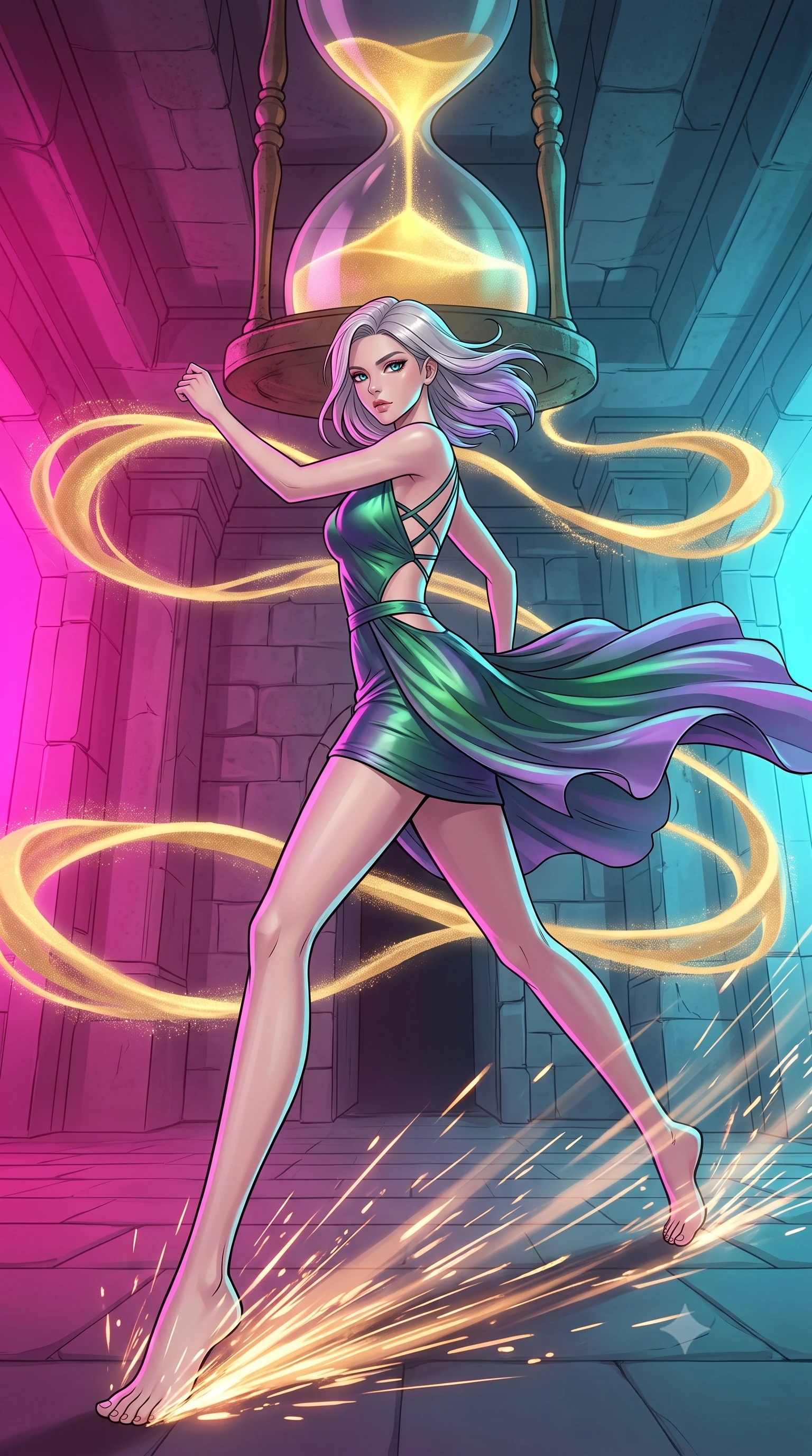 score_9, masterpiece, best quality, ultra-detailed, high-budget anime keyframe, clean line-art, cel-shading, Caucasian woman, strictly human ears. low angle full-body shot from head to toe showing her feet, filling the entire 9:16 vertical frame with her statuesque presence, stretching her vertical silhouette. dashing forward aggressively, leaving a trail of motion-blurred sparks as she strides through a stone chamber with a massive hourglass in the ceiling, glowing gold sand pouring down and floating in ribbons. She has a statuesque 8.5-heads proportion, an exceptionally tall, slender and willowy model-like build with impossibly long legs and a highly sculpted ultra-slim waist. sharp v-shaped jawline, high-bridge nose, intricate jewel-like eyes with depth, thick eyelashes, glossy lips with a natural sheen. wearing the lightweight fabric rippling and billowing dramatically with her movement, a form-contouring bodycon mini dress in an iridescent forest green and violet gradient, with a waist cutout and a strappy back. dual-tone lighting with hot magenta from the left and cool cyan from the right. highly saturated vibrant anime colors, intense vivid color palette, volumetric dynamic lighting, 2k, ultra detail, master piece, 9:16 ratio
