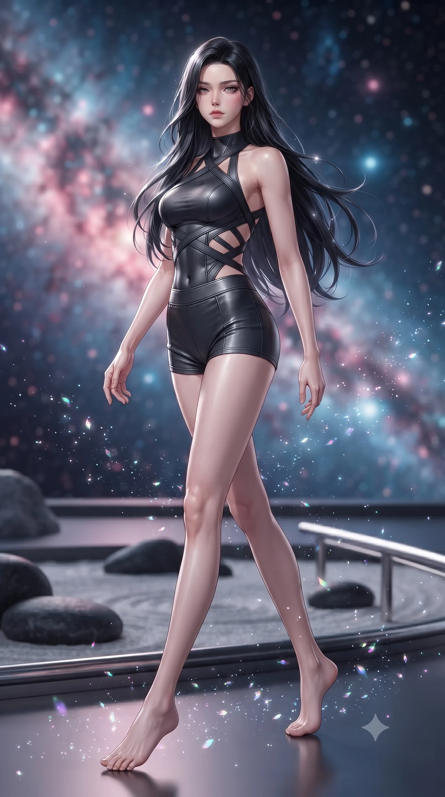 score_9, masterpiece, best quality, ultra-detailed, high-budget anime keyframe, editorial fashion photography, tasteful artistic composition, Korean woman. low angle full-body shot from head to toe showing her feet, filling the entire 9:16 vertical frame with her statuesque presence, stretching her vertical silhouette. stepping gracefully through floating stardust particles, her body-contouring suit showing her athletic, slender silhouette, the background shows a soft-focus a rock garden observatory platform looking out at a space nebula in stardust. She has an absolutely perfect, statuesque 8.5-heads proportion, an exceptionally tall and slender model-like female figure with impossibly long slender legs and an ultra-slim waist. sharp v-shaped jawline, high-bridge nose, intricate jewel-like eyes with depth, thick eyelashes, glossy lips with a natural sheen. wearing a body-hugging backless halter-neck combat top with criss-cross strapping, paired with carbon-alloy micro-shorts. soft silver starlight wrapping her statuesque posture in a quiet, solemn mood. ultra-reflective glossy finish, specular highlights, metallic sheen, high-contrast stereoscopic depth, volumetric dynamic lighting, 2k, ultra detail, master piece, 9:16 ratio