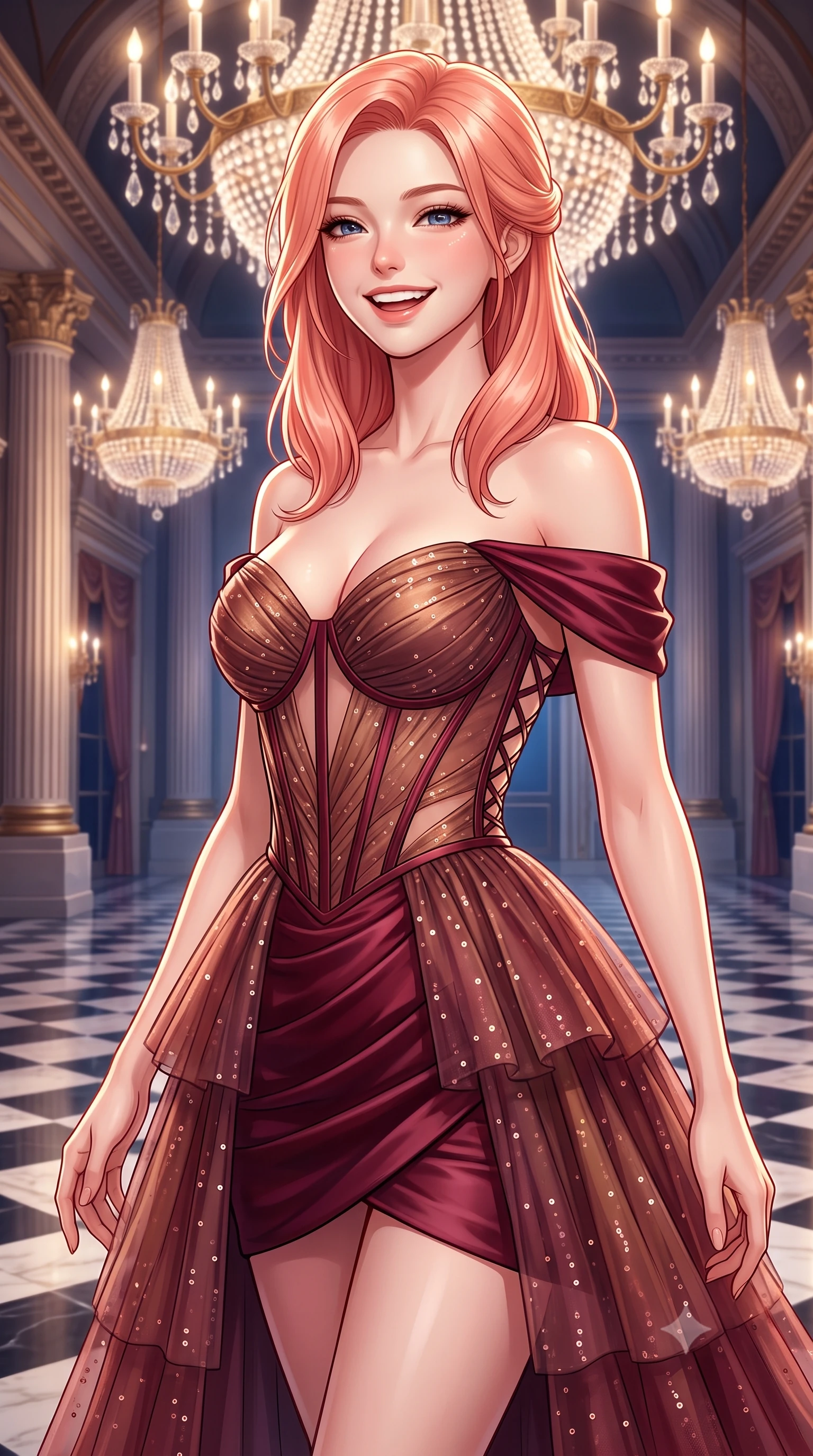 score_9, masterpiece, best quality, ultra-detailed, high-budget anime keyframe, semi-realistic 3D game render, editorial fashion photography, tasteful artistic composition, Japanese woman. close-up cowboy shot from the waist and thighs up, the character dominates the composition, filling the frame with her large presence. laughing softly with genuine, enchanting warmth, eyes crinkling sweetly as specular highlights illuminate her cheeks while gliding across the mirror-polished checkerboard marble floor of an imperial palace ballroom during a midnight gala. The surrounding environment is rendered in vivid detail and crisp panoramic clarity. detailed neoclassical column fluting, palace ceiling chandeliers, and satin dress textures in high clarity. She has an exceptionally elegant, slender, and willowy female figure with an ultra-slim waist, a gracefully sculpted slender torso, toned flat midriff, and a refined slim silhouette. sharp v-shaped jawline, high-bridge nose, intricate jewel-like eyes with depth, thick eyelashes, glossy lips with a natural sheen, captivating and magnetic expression, flawlessly proportioned anatomical accuracy, strict slender model proportions, natural body alignment, perfectly sculpted long slender limbs, ultra-slim waistline, clean dynamic posture without body distortion. wearing a statuesque off-shoulder duchess satin gala dress featuring a boned corset bodice in rich wine burgundy and liquid bronze, crafted from tiered translucent tulle adorned with delicate micro-sequins, featuring a criss-cross satin back lacing highlighting her graceful shoulder blades, the precision-cut daring openings accentuating her delicate midriff, graceful bare collarbones, and ultra-slim feminine waistline. surrounded by a glamorous, exclusive, and breathtakingly captivating billionaire heiress aura. highly saturated vibrant anime colors, detailed shading with soft gradients, rich glossy textures, high-contrast stereoscopic depth, volumetric dynamic lighting, master piece, 9:16 ratio