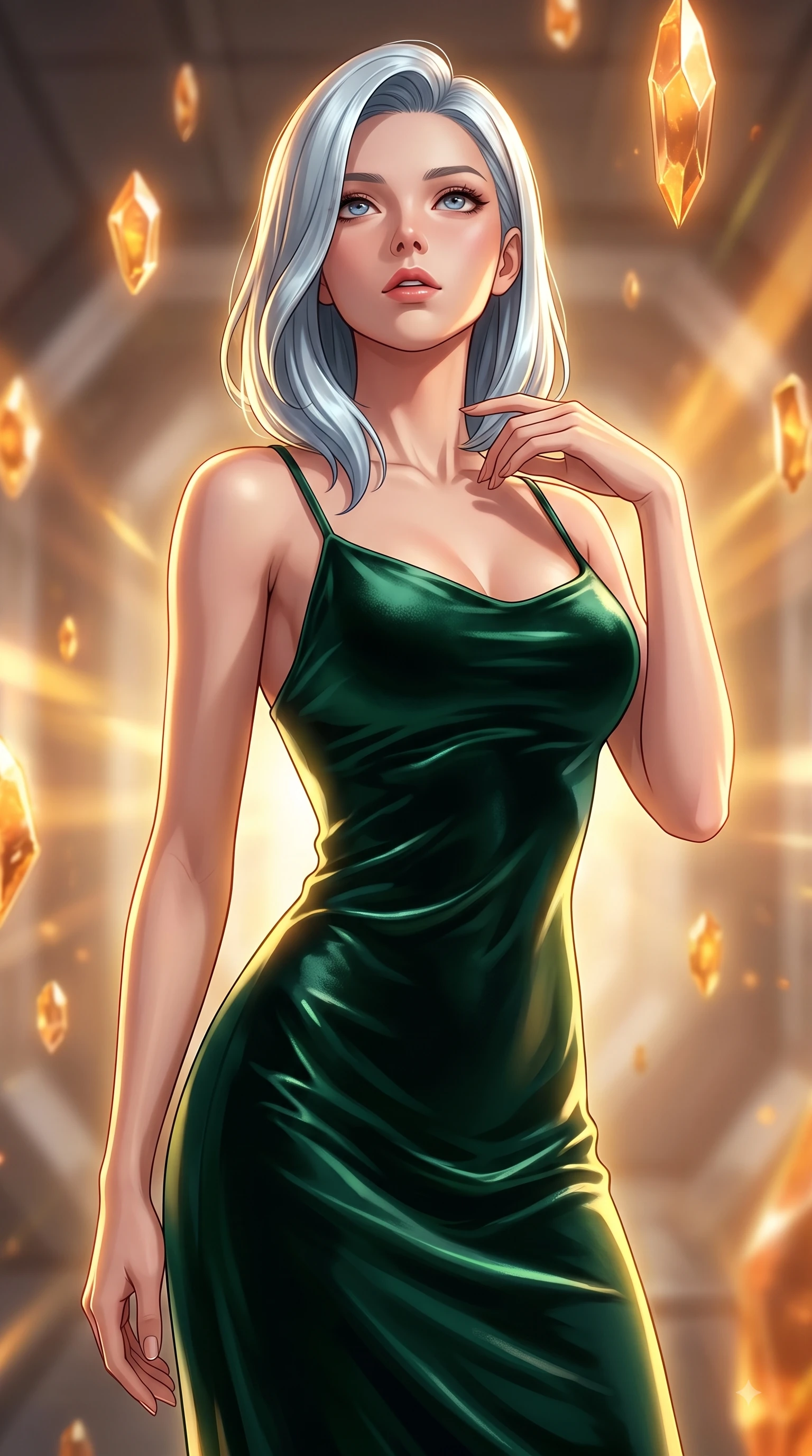 score_9, masterpiece, best quality, ultra-detailed, high-budget anime keyframe, editorial fashion photography, tasteful artistic composition, Korean woman woman. close-up cowboy shot from the waist and thighs up, the character dominates the composition, filling the frame with her large presence, background elements kept in soft focus. She has an exceptionally elegant, slender, and willowy female figure with an ultra-slim waist, a gracefully sculpted slender torso, and a refined silhouette. tilting her chin up slightly with lips parted in a composed and alluring expression, flawlessly proportioned anatomical accuracy, natural body alignment, perfectly sculpted elegant limbs, clean dynamic posture without body distortion. set against a soft-focus background of a temporal corridor with floating amber time crystals. wearing a fitted dark emerald velvet slip dress with a smooth liquid sheen and delicate straps. bathed in golden temporal energy flares casting dramatic volumetric rim lighting. highly saturated vibrant anime colors, detailed shading with soft gradients, rich glossy textures, high-contrast stereoscopic depth, volumetric dynamic lighting, master piece, 9:16 ratio