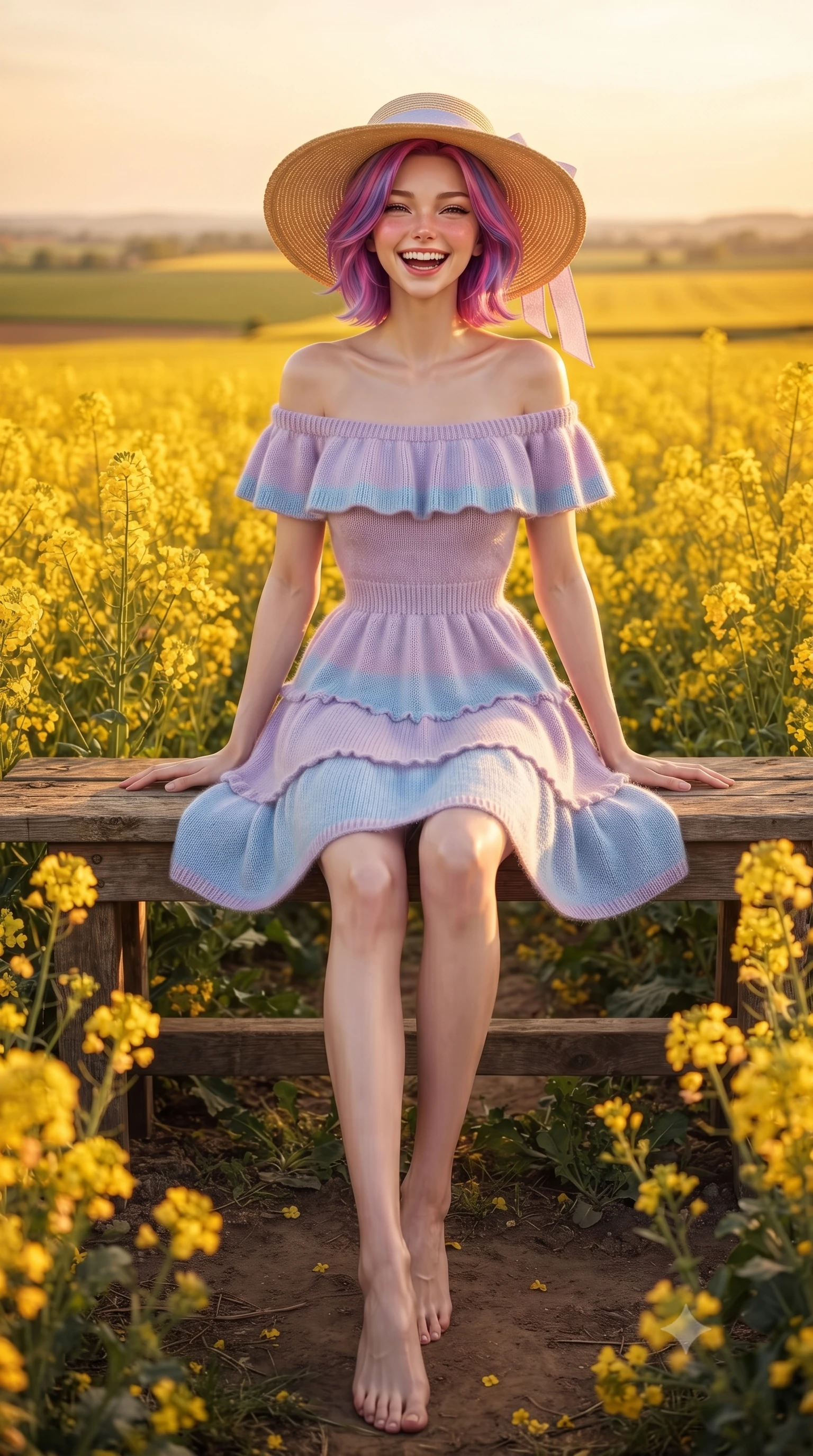 score_9, masterpiece, best quality, ultra-detailed, high-budget anime keyframe, editorial fashion photography, tasteful artistic composition, Caucasian woman. low angle full-body shot from head to toe showing her feet, filling the entire 9:16 vertical frame with her statuesque presence, stretching her vertical silhouette. stepping forward gracefully in mid-motion with a delighted cute laugh, displaying her tall slender model proportions while sitting cheerfully on a rustic wooden bench amidst blooming yellow blossoms, eyes twinkling with warm affection. The surrounding environment is rendered in vivid detail and crisp panoramic clarity. warm high-contrast golden hour chiaroscuro and expansive agricultural countryside in precision. She has an absolutely perfect, statuesque 8.5-heads proportion, an exceptionally tall and slender model-like female figure with impossibly long slender legs, a toned flat midriff, and an ultra-slim waist. sharp v-shaped jawline, high-bridge nose, intricate jewel-like eyes with depth, thick eyelashes, glossy lips with a natural sheen, pure and lovely fresh girlhood expression, flawlessly proportioned anatomical accuracy, strict slender model proportions, natural body alignment, perfectly sculpted long slender limbs, ultra-slim waistline, clean dynamic posture without body distortion. wearing a graceful off-shoulder cotton sundress with a ruffled neckline and tiered A-line skirt in soft pastel lavender and delicate sky blue, knitted from ultra-soft cozy baby-cashmere yarn, paired with a wide-brim woven straw hat tied with a pastel ribbon, the chic real-way fashion cut emphasizing her effortless charm, flat midriff, and slender model proportions. illuminated by soft amber fill light highlighting her glowing complexion and joyful smile. ultra-reflective glossy finish, specular highlights, rich natural textures, high-contrast stereoscopic depth, volumetric dynamic lighting, 2k, ultra detail, master piece, 9:16 ratio