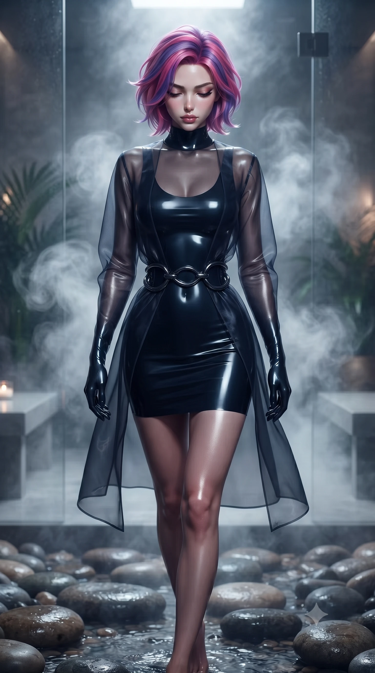 score_9, masterpiece, best quality, ultra-detailed, high-budget anime keyframe, editorial fashion photography, tasteful artistic composition, Caucasian woman. close-up cowboy shot from the waist and thighs up, the character dominates the composition, filling the frame with her large presence, background elements kept in soft focus. Looking down with lowered lashes and a composed, powerful dark aura, stepping gracefully across smooth river stones in a private glass steam room, soft swirling steam clouds creating painterly ethereal shadows around her form. She has an exceptionally elegant, slender, and willowy female figure with an ultra-slim waist, a gracefully sculpted slender torso, and a refined silhouette. sharp v-shaped jawline, high-bridge nose, intricate jewel-like eyes with depth, thick eyelashes, glossy lips with a natural sheen. wearing glove-like fit dark navy latex bodycon mini dress in pitch-black onyx, made of sheer dark organza overlay, accented with sculpted obsidian chrome rings at the waist, accentuating her gracefully sculpted slender torso. surrounded by a moody, intimate glow with sharp specular skin highlights. ultra-reflective glossy finish, specular highlights, metallic sheen, high-contrast stereoscopic depth, volumetric dynamic lighting, 2k, ultra detail, master piece, 9:16 ratio