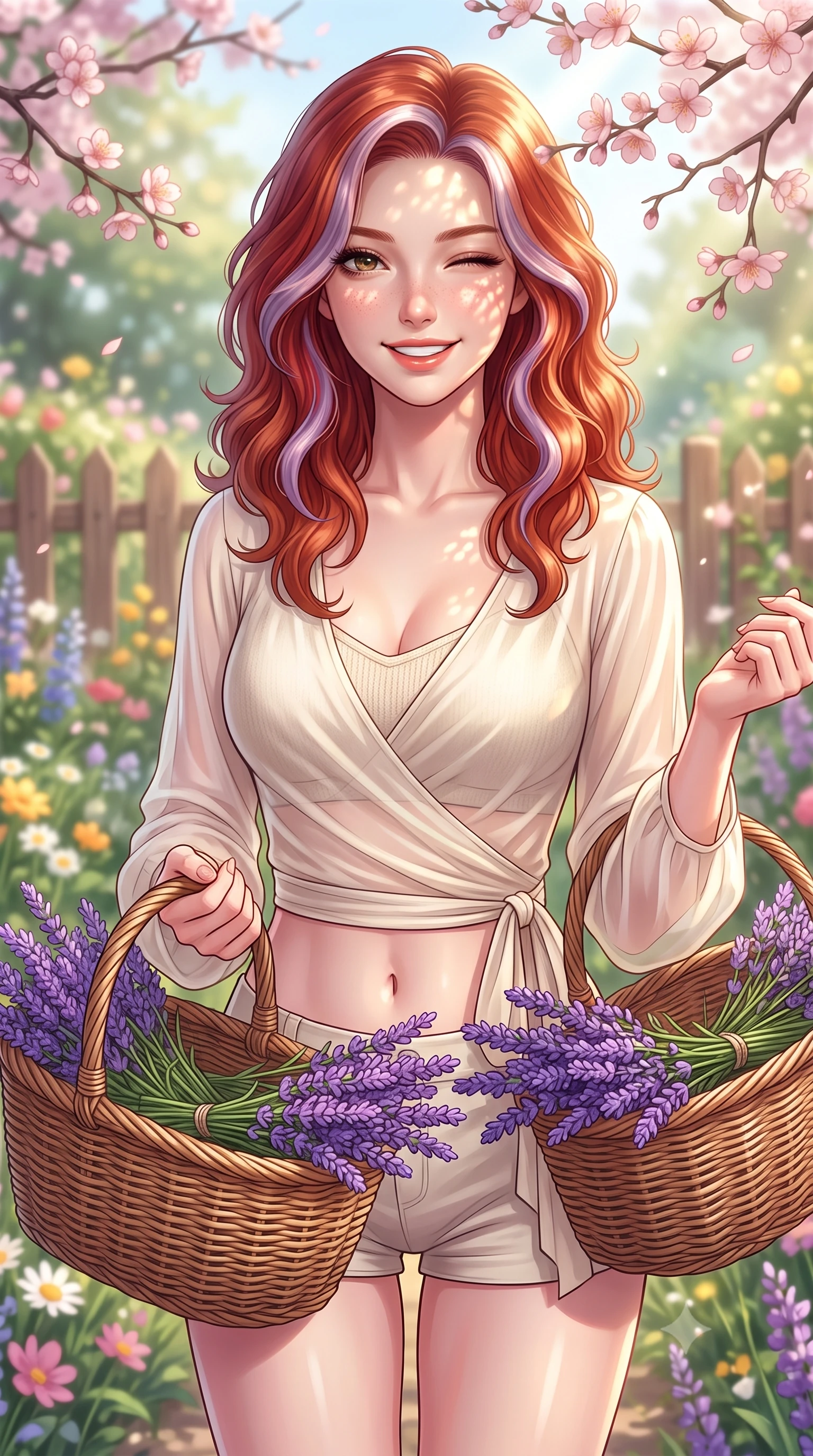 score_9, masterpiece, best quality, ultra-detailed, high-budget anime keyframe, editorial fashion photography, tasteful artistic composition, Caucasian woman. close-up cowboy shot from the waist and thighs up, the character dominates the composition, filling the frame with her large presence, background elements kept in soft focus. smiling brightly with a cheerful expression, winking playfully at the viewer set against a soft-focus background of in a lovely cottage garden filled with mixed cottage flowers and wooden fences carrying a woven basket filled with freshly picked lavender stems. She has an exceptionally elegant, slender, and willowy female figure with an ultra-slim waist, a gracefully sculpted slender torso, and a refined silhouette. sharp v-shaped jawline, high-bridge nose, intricate jewel-like eyes with depth, thick eyelashes, glossy lips with a natural sheen. wearing form-contouring sheer chiffon wrap top in cream, worn over a slim-fit knit bralette and low-cut shorts. dappled sunlight filtering through the cherry blossom branches onto her face. highly saturated vibrant anime colors, detailed shading with soft gradients, rich glossy textures, high-contrast stereoscopic depth, volumetric dynamic lighting, master piece, 9:16 ratio