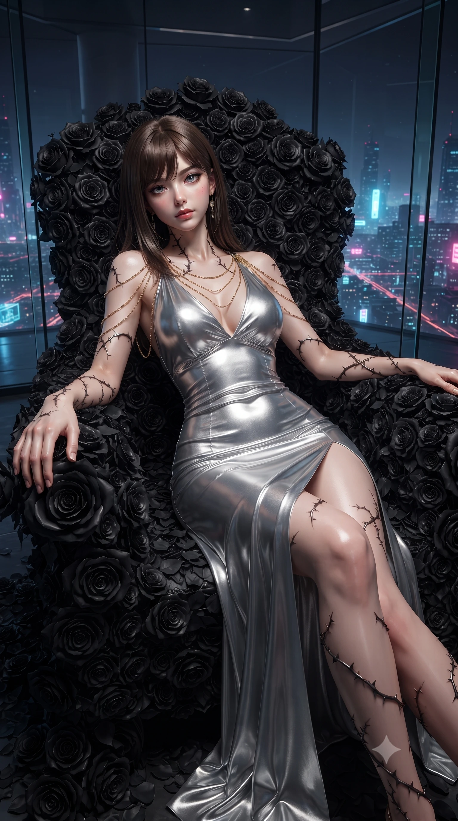 score_9, masterpiece, best quality, ultra-detailed, High-budget Anime Keyframe, editorial fashion photography, tasteful artistic composition, realistic cosplay photography, East Asian woman. Low angle cowboy shot filling the entire 9:16 frame with her statuesque presence. Scenario 478: resting on a throne of black roses, thorns grazing her skin, in a luxury penthouse with floor-to-ceiling glass walls overlooking a neon grid. Her presence is magnetic and overpowering in this high-budget cinematic scene. Outfit 478: a body-hugging liquid silver shimmering chiffon slip dress featuring an elegant plunging collar and fine gold chains. The clothing is designed to emphasize her exceptionally tall and slender 8-heads proportion. 8-heads proportion, towering silhouette, ultra-slim waist. sharp v-shaped jawline, intricate jewel-like eyes with depth, thick eyelashes, glossy lips. ultra-reflective glossy finish, specular highlights, metallic sheen, high-contrast stereoscopic depth, volumetric dynamic lighting, 2k, ultra detail, master piece, 9:16 ratio