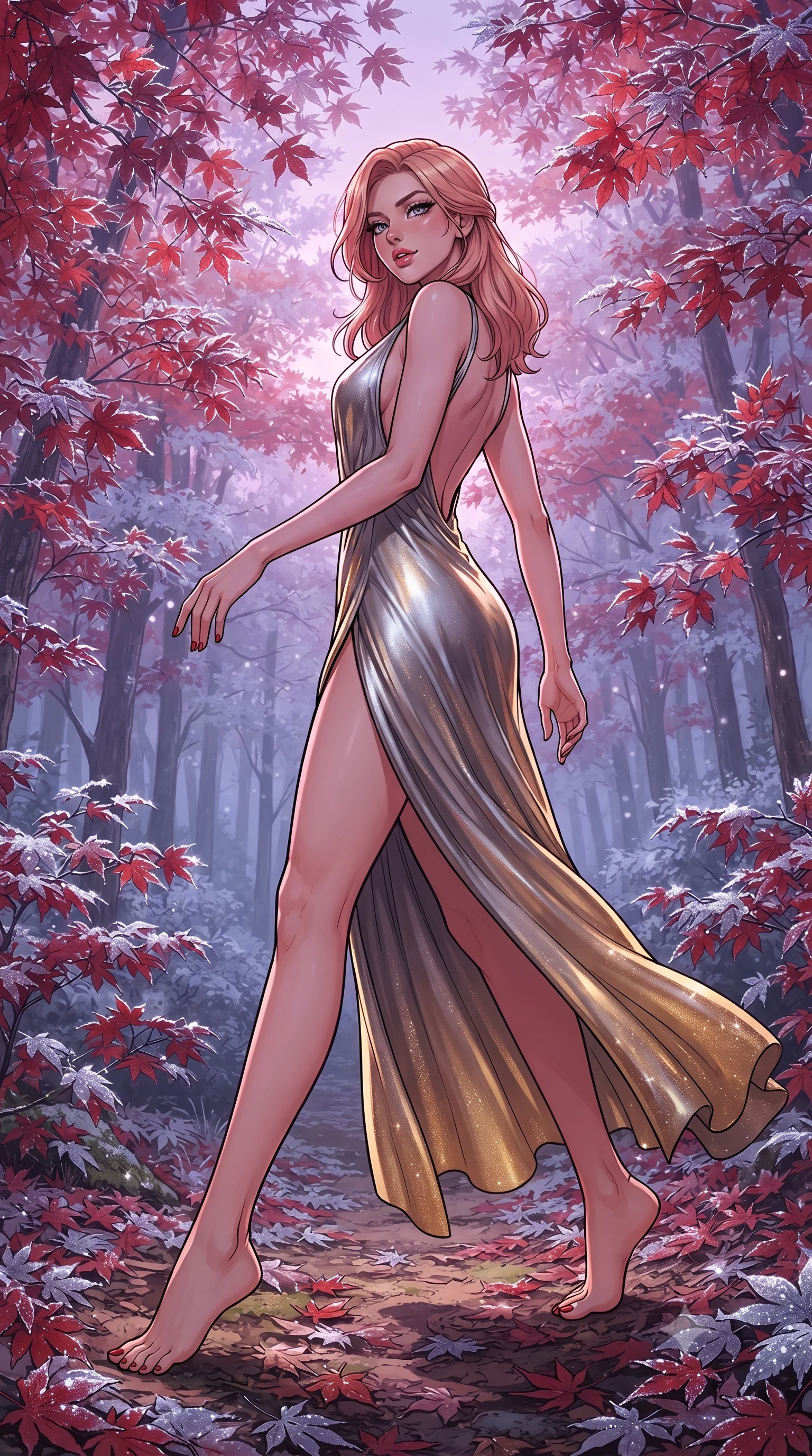 score_9, masterpiece, best quality, ultra-detailed, high-budget anime keyframe, editorial fashion photography, tasteful artistic composition, gorgeous anime illustration, with clean line-art, distinct ink outlines, and high-contrast stereoscopic depth, Japanese woman. low angle full-body shot from head to toe showing her feet, filling the entire 9:16 vertical frame with her statuesque presence, stretching her vertical silhouette. navigating with fluid, playful motion through walking through an autumn maple forest where every crimson leaf is covered in a sparkling layer of silver frost, creating a contrast of red and silver. She has a statuesque 8.5-heads proportion, an exceptionally tall, slender and willowy model-like build with impossibly long legs and a highly sculpted ultra-slim waist. sharp v-shaped jawline, high-bridge nose, intricate jewel-like eyes with depth, thick eyelashes, glossy lips with a natural sheen. wearing a deep plunging-V neck maxi dress in a liquid silver and gold gradient, featuring a bold open-back and a daring high slit. cool purple and pink morning dawn light reflecting off the frosted leaves, creating a sparkling and glowing forest floor. 2k, ultra detail, master piece, 9:16 ratio, highly saturated vibrant anime colors, detailed cel-shading with soft gradients, rich glossy textures, deep contrast, volumetric dynamic lighting, 2d animation style