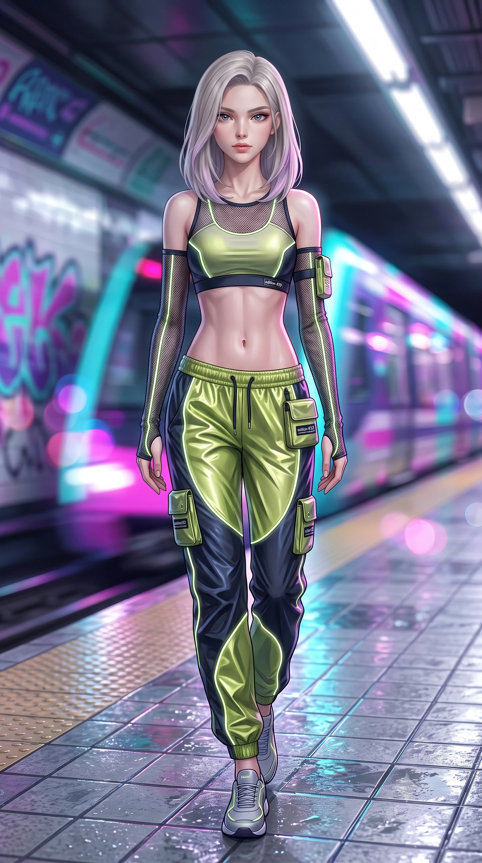 score_9, masterpiece, best quality, ultra-detailed, high-budget anime keyframe, semi-realistic 3D game render, editorial fashion photography, tasteful artistic composition, Caucasian woman. low angle full-body shot from head to toe showing her feet, filling the entire 9:16 vertical frame with her statuesque presence, stretching her vertical silhouette. stepping forward gracefully in mid-motion, displaying her toned flat midriff and flawlessly sculpted slender limbs while pivoting sharply on the wet tiled subway platform as an incoming neon-lit maglev train rushes past in a blur of light. The composition keeps background elements in soft focus with creamy bokeh. speeding maglev train motion blur and glowing neon graffiti tags blurred into vivid magenta, cyan, and violet bokeh. She has an absolutely perfect, statuesque 8.5-heads proportion, an exceptionally tall and slender model-like female figure with impossibly long slender legs, a toned flat midriff, and an ultra-slim waist. sharp v-shaped jawline, high-bridge nose, intricate jewel-like eyes with depth, thick eyelashes, glossy lips with a natural sheen, captivating and magnetic expression, flawlessly proportioned anatomical accuracy, strict slender model proportions, natural body alignment, perfectly sculpted long slender limbs, ultra-slim waistline, clean dynamic posture without body distortion. wearing a sporty Y2K mesh-paneled crop top with asymmetrical sleeve warmers and low-slung metallic track pants in acid lime green and dark obsidian, made of breathable technical athletic mesh and liquid-finish track nylon, finished with glowing fiber-optic seam piping and miniature utility pouches edition #32, the form-contouring material adhering flawlessly to her sculpted flat midriff and slender torso, emphasizing her long leg lines and perfectly proportioned willowy build. surrounded by an edgy, electrifying, and irresistibly cool cyber-street idol aura. highly saturated vibrant anime colors, detailed shading with soft gradients, rich glossy textures, high-contrast stereoscopic depth, volumetric dynamic lighting, master piece, 9:16 ratio