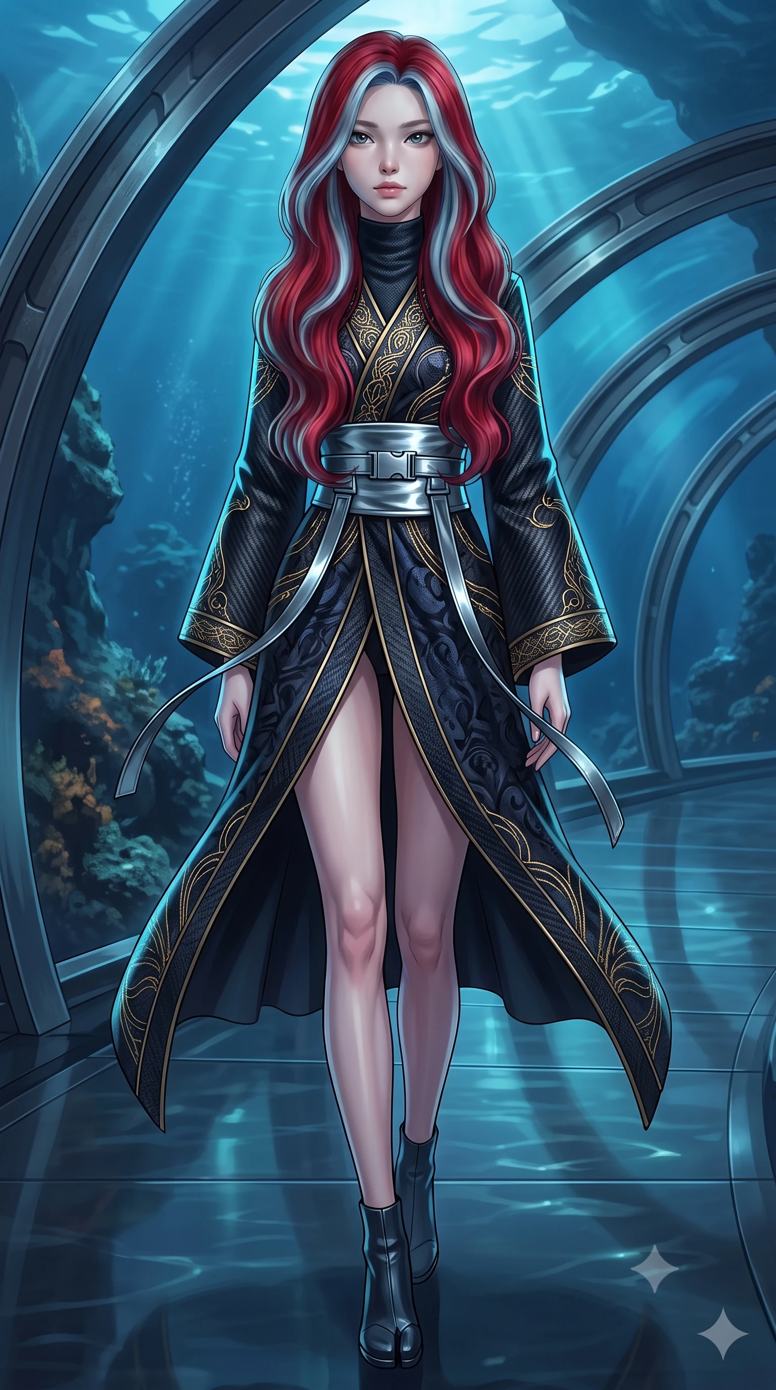 score_9, masterpiece, best quality, ultra-detailed, high-budget anime keyframe, editorial fashion photography, tasteful artistic composition, Caucasian woman. low angle full-body shot from head to toe showing her feet, filling the entire 9:16 vertical frame with her statuesque presence, stretching her vertical silhouette. stepping slowly toward the camera with hypnotic grace, hips swaying in an alluring sensual rhythm that accentuates her curvy hourglass silhouette and long slender legs while lounging gracefully across the minimalist black leather settee propped on one elbow with legs extended, displaying her long slender limbs and statuesque hourglass silhouette. The surrounding environment is rendered in vivid detail and crisp panoramic clarity: sharp reinforced titanium arch ribs, crystal-clear thick acrylic dome segments, and mineral crusts on ocean volcanic rock in deep focus. She has an exceptionally tall and slender model-like 8.5-heads proportion, an ultra-slim waist, a flat toned midriff, narrow delicate ribcage, and beautifully sculpted feminine hips creating a graceful, slim hourglass silhouette without any bulky heaviness, with impossibly long slender legs. sharp v-shaped jawline, high-bridge nose, intricate jewel-like sparkling eyes with depth, thick eyelashes, glossy parted lips with a natural peach sheen, bright cheerful beaming smile with an enchanting and coquettish sensual glint, exuding both youthful cute charm and seductive allure, flawlessly proportioned anatomical accuracy, strict slender model proportions, natural body alignment, perfectly sculpted long slender limbs, ultra-slim waistline, clean dynamic posture without body distortion. wearing an elegant high-neck cyber-kimono coat with integrated gold fiber-optic embroidery and wide obi belt in liquid mercury chrome and deep midnight obsidian, woven from structured carbon-fiber jacquard with rich textural depth, finished with sleek magnetic buckle closures fluttering in the breeze, the bespoke structured tailoring following the natural line of her 8.5-heads silhouette with refined elegance. illuminated by acrylic floor reflection bounce and sharp sapphire-cyan rim lights sculpting her razor-sharp jawline, narrow waist, and curvy hips. ultra-reflective glossy finish, specular highlights, rich textural contrasts, high-contrast stereoscopic depth, volumetric dynamic lighting, 2k, ultra detail, master piece, 9:16 ratio