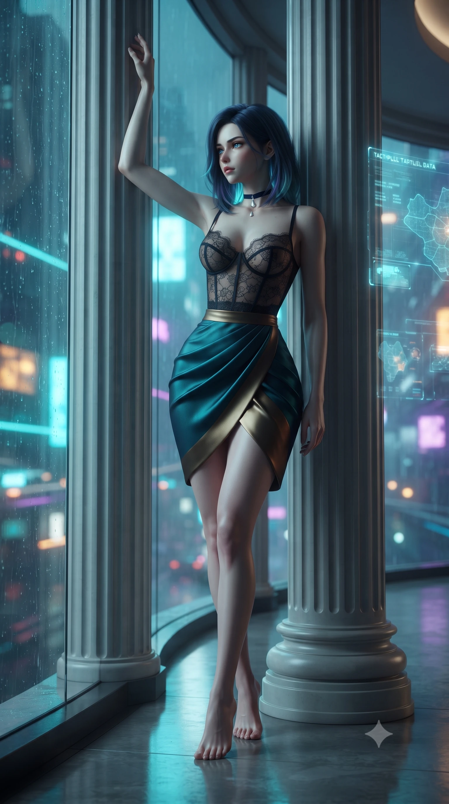 score_9, masterpiece, best quality, ultra-detailed, high-budget anime keyframe, editorial fashion photography, tasteful artistic composition, Caucasian woman. low angle full-body shot from head to toe showing her feet, filling the entire 9:16 vertical frame with her statuesque presence, stretching her vertical silhouette. standing tall beside the architectural column, one hand resting high while arching her lower back to emphasize her sculpted feminine hips and slender waist while leaning against the massive curving floor-to-ceiling glass window with hips cocked back, looking through night rain at the neon abyss below. The background shows a soft-focus translucent holographic tactical data maps, endless rainy neon skyscrapers, and flying transport trails blurred into cyan, amber, and violet bokeh. She has an absolutely perfect, statuesque 8.5-heads proportion, an exceptionally tall and slender model-like female figure with impossibly long slender legs, an ultra-slim waist, a flat toned midriff, narrow delicate ribcage, and beautifully sculpted feminine hips creating a graceful, slim hourglass silhouette without any bulky heaviness. sharp v-shaped jawline, high-bridge nose, sparkling eyes with hypnotic seductive depth, thick curled eyelashes, glossy parted lips with a natural dewy peach sheen, alluring bedroom-eyes with an enchanting coquettish smile, exuding magnetic siren charisma and sophisticated glamour, flawlessly proportioned anatomical accuracy, strict slender model proportions, natural body alignment, perfectly sculpted long slender limbs, ultra-slim waistline, clean dynamic posture without body distortion. wearing a sculpted underwire demi-bustier in semi-sheer lace paired with an ultra-short draped tulip skirt in deep peacock teal and burnished antique brass, made of semi-opaque stretch illusion mesh with soft shadowy contours, finished with a thin velvet ribbon choker and a single teardrop diamond pendant, the high-slit wrap tailoring accentuating her ultra-slim waistline and the enchanting curve of her feminine hips with alluring seductive charm. illuminated by polished floor reflections and sharp electric-cyan rim lights sculpting her razor-sharp jawline, narrow waist, and curvy hips. ultra-reflective glossy finish, specular highlights, rich textural contrasts, high-contrast stereoscopic depth, volumetric dynamic lighting, 2k, ultra detail, master piece, 9:16 ratio