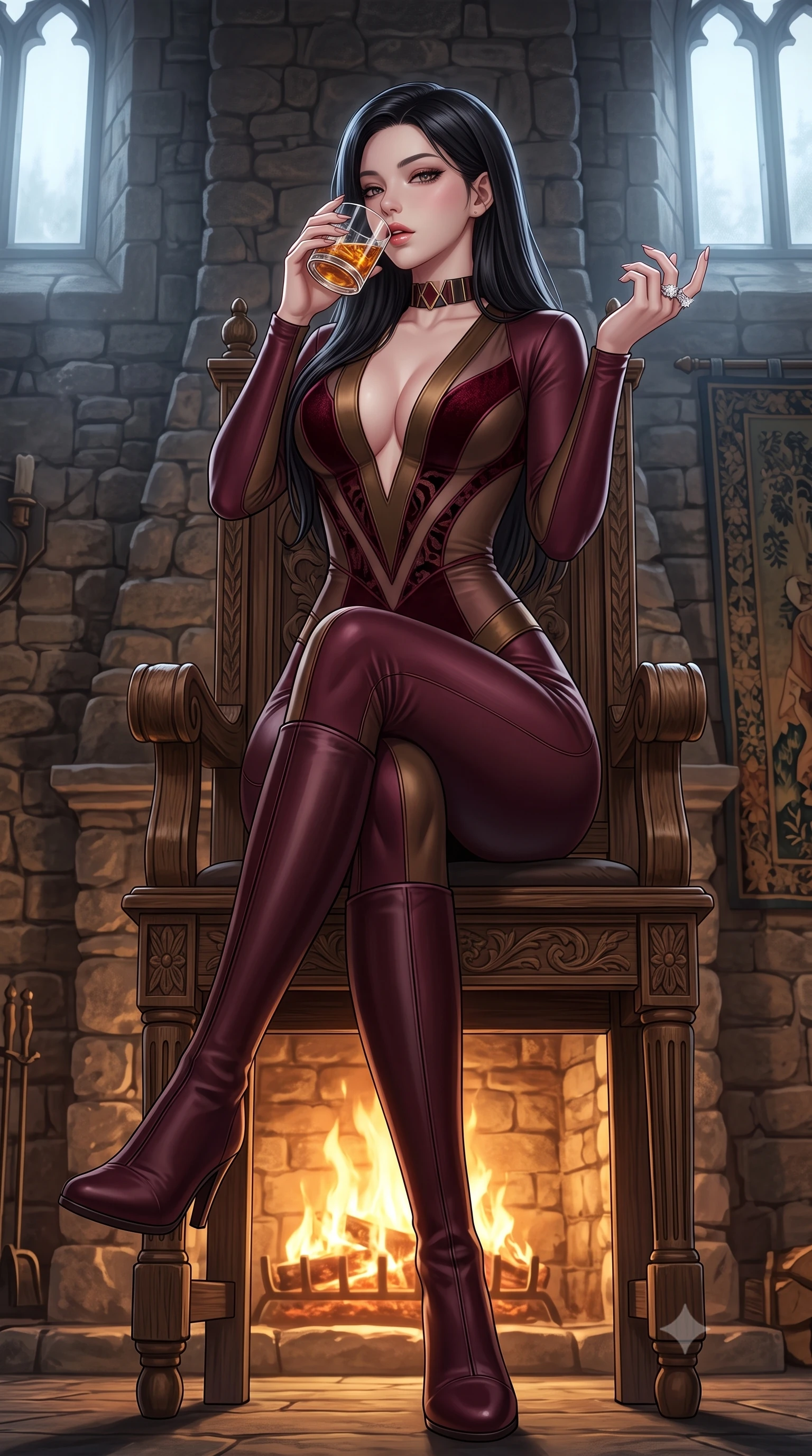 score_9, masterpiece, best quality, ultra-detailed, high-budget anime keyframe, semi-realistic 3D game render, editorial fashion photography, tasteful artistic composition, Korean woman. low angle full-body shot from head to toe showing her feet, filling the entire 9:16 vertical frame with her statuesque presence, stretching her vertical silhouette. posing with back turned slightly to the lens, glancing back with smoldering allure as she arches her lower back to emphasize her sculpted feminine hips and slender waist while sitting high on an antique carved oak throne before a roaring stone fireplace with legs crossed, raising a crystal dram to her parted glossy lips while looking over her shoulder. The surrounding environment is rendered in vivid detail and crisp panoramic clarity. rich high-contrast Scottish heritage chiaroscuro and atmospheric ancient fortress romance rendered with precision. She has an exceptionally tall and slender model-like 8.5-heads proportion, an ultra-slim waist, a flat toned midriff, narrow delicate ribcage, and beautifully sculpted feminine hips creating a graceful, slim hourglass silhouette without any bulky heaviness, with impossibly long slender legs. sharp v-shaped jawline, high-bridge nose, intricate jewel-like eyes with depth, thick eyelashes, glossy parted lips with a natural sheen, intensely captivating and seductive bedroom-eyes expression, flawlessly proportioned anatomical accuracy, strict slender model proportions, natural body alignment, perfectly sculpted long slender limbs, ultra-slim waistline, clean dynamic posture without body distortion. wearing a form-contouring equestrian leather-and-gabardine bodysuit with a deep plunge neckline and riding boots in deep wine burgundy and antique bronze, made of sheer contouring power-mesh with velvet flocking patterns, complemented by a bold geometric choker and sparkling cocktail ring, the liquid-tight tailored fabric clinging flawlessly to her narrow waist and rounded feminine hips, emphasizing every millimeter of her sculpted slim hourglass curves without any bulky heaviness. bathed in roaring stone hearth firelight from below and cool misty daylight streaming from towering castle windows. highly saturated vibrant anime colors, detailed shading with soft gradients, rich glossy textures, high-contrast stereoscopic depth, volumetric dynamic lighting, master piece, 9:16 ratio