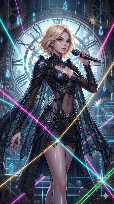 score_9, masterpiece, best quality, ultra-detailed, high-budget anime movie keyframe, cinematic anime lighting, intricate line art, Korean woman. Medium shot of upper body capturing the intricate details of her high-fashion attire. singing on a laser