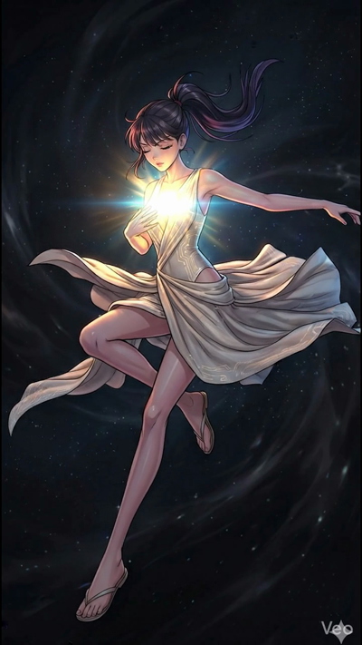 A cinematic 8-second video of an anime girl floating gracefully in a dark, swirling nebula. A bright, pulsing core of light emanates from her chest, casting a warm glow on her white flowing dress and long ponytail. The fabric of her dress ripples lik