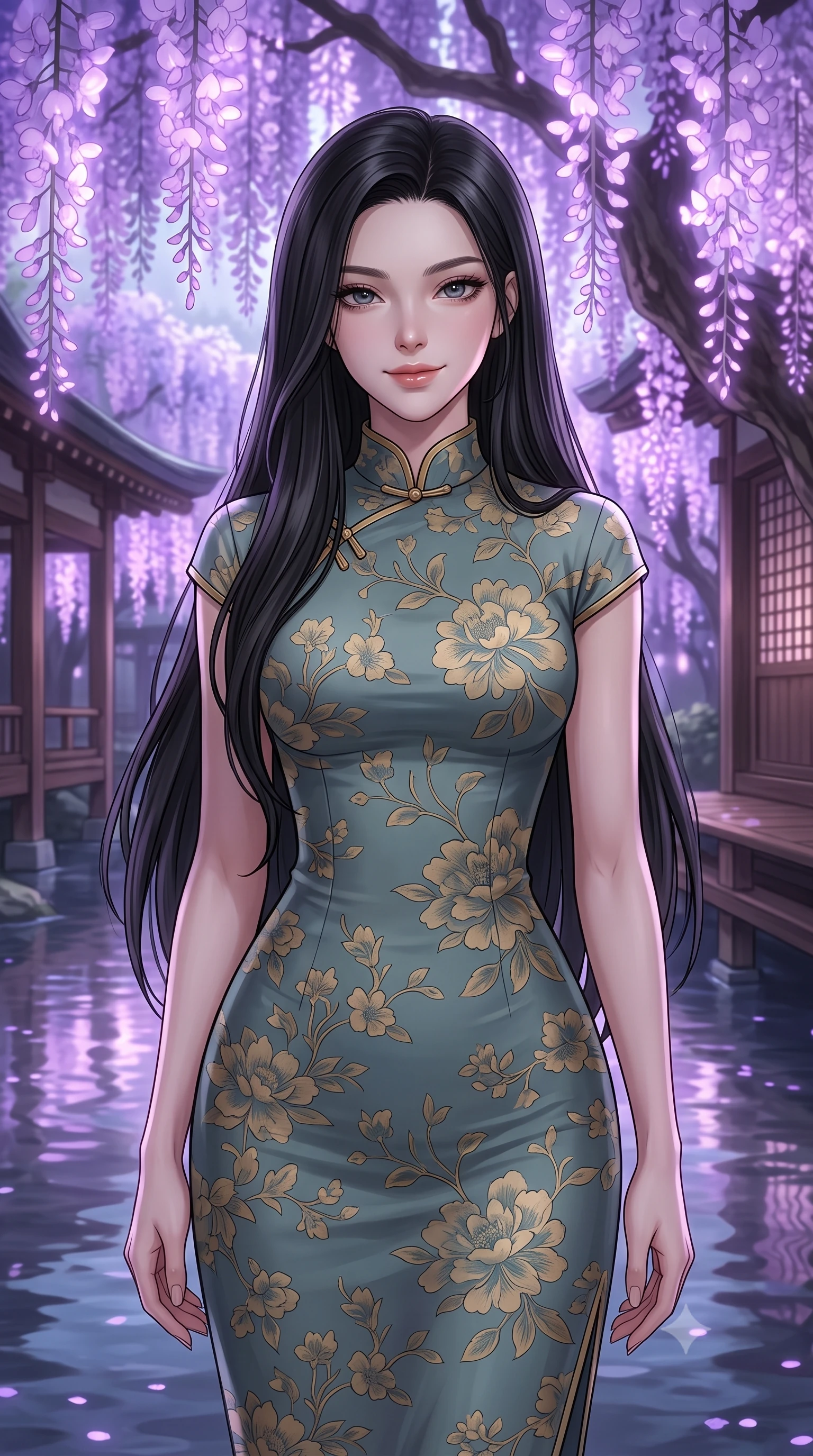 score_9, masterpiece, best quality, ultra-detailed, high-budget anime keyframe, editorial fashion photography, tasteful artistic composition, Korean woman. close-up cowboy shot from the waist and thighs up, the character dominates the composition, filling the frame with her large presence, background elements kept in soft focus. Gently tilting her head with a serene, peaceful smile of quiet happiness. set against a soft-focus background of in a traditional wooden shrine courtyard surrounded by giant wisteria trees with glowing purple flowers hanging over a calm, reflecting river. She has an exceptionally elegant, slender, and willowy female figure with a highly-defined ultra-slim waist, a gracefully sculpted slender torso, and a refined slim-fit silhouette that contours her form. sharp v-shaped jawline, high-bridge nose, intricate jewel-like eyes with depth, thick eyelashes, glossy lips with a natural sheen. wearing a form-fitting modern fusion qipao-inspired midi dress in muted teal and gold floral print with a mandarin collar. soft purple bioluminescent light from the flowers casting gentle reflections on the water and wooden structures. 2k, ultra detail, master piece, 9:16 ratio