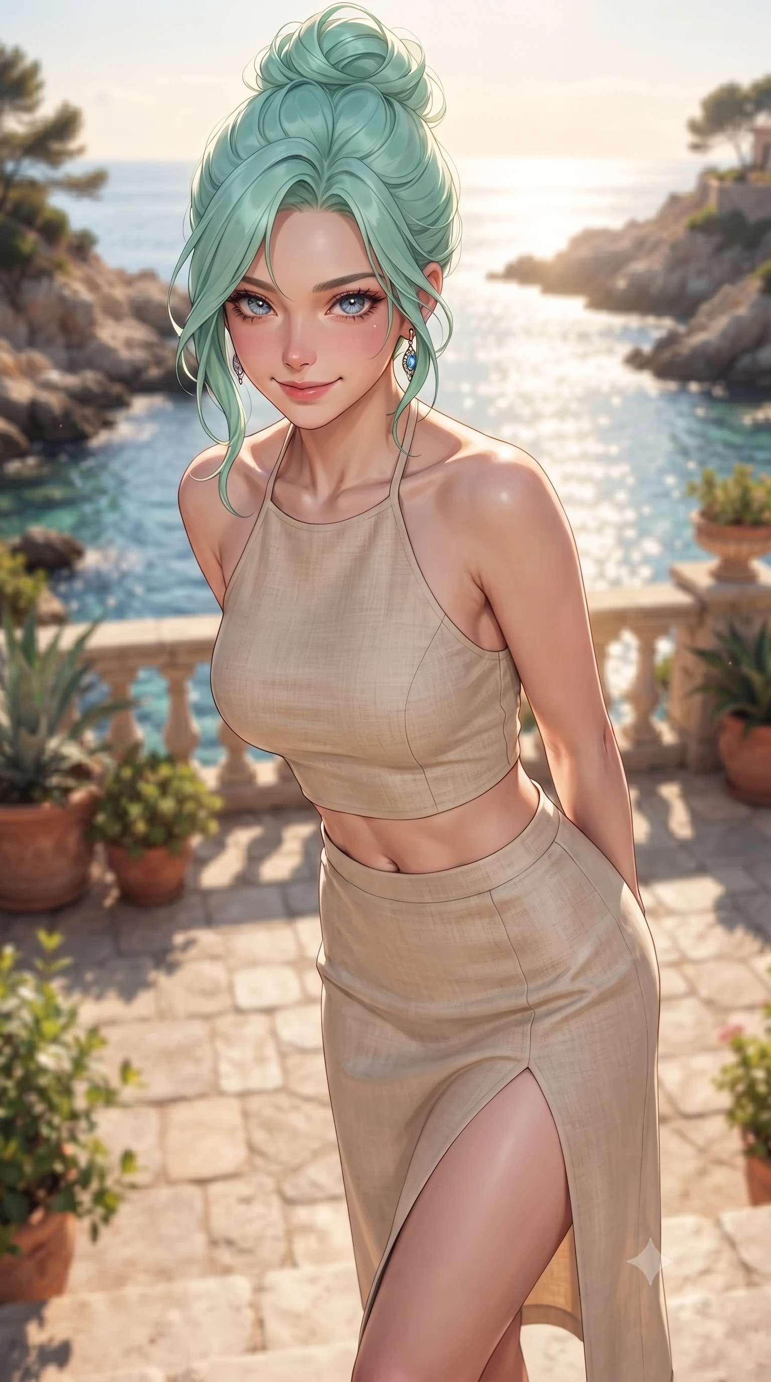 score_9, masterpiece, best quality, ultra-detailed, high-budget anime keyframe, editorial fashion photography, tasteful artistic composition, Japanese woman woman. close-up cowboy shot from the waist and thighs up, the character dominates the composition, filling the frame with her large presence, background elements kept in soft focus. leaning slightly forward with a playful, teasing smile, her gaze locked onto the viewer the background shows a soft-focus a stone terrace of a coastal villa overlooking a rocky bay with clear blue water. She has an exceptionally elegant, slender, and willowy female figure with an ultra-slim waist, a gracefully sculpted slender torso, and a refined silhouette. sharp v-shaped jawline, high-bridge nose, intricate jewel-like eyes with depth, thick eyelashes, glossy lips with a natural sheen. wearing a slim-fit linen halter-neck crop top paired with a matching high-slit midi skirt, revealing a sculpted midriff. warm afternoon sunbeams reflecting off the ocean surface onto the terrace. ultra-reflective glossy finish, specular highlights, metallic sheen, high-contrast stereoscopic depth, volumetric dynamic lighting, 2k, ultra detail, master piece, 9:16 ratio