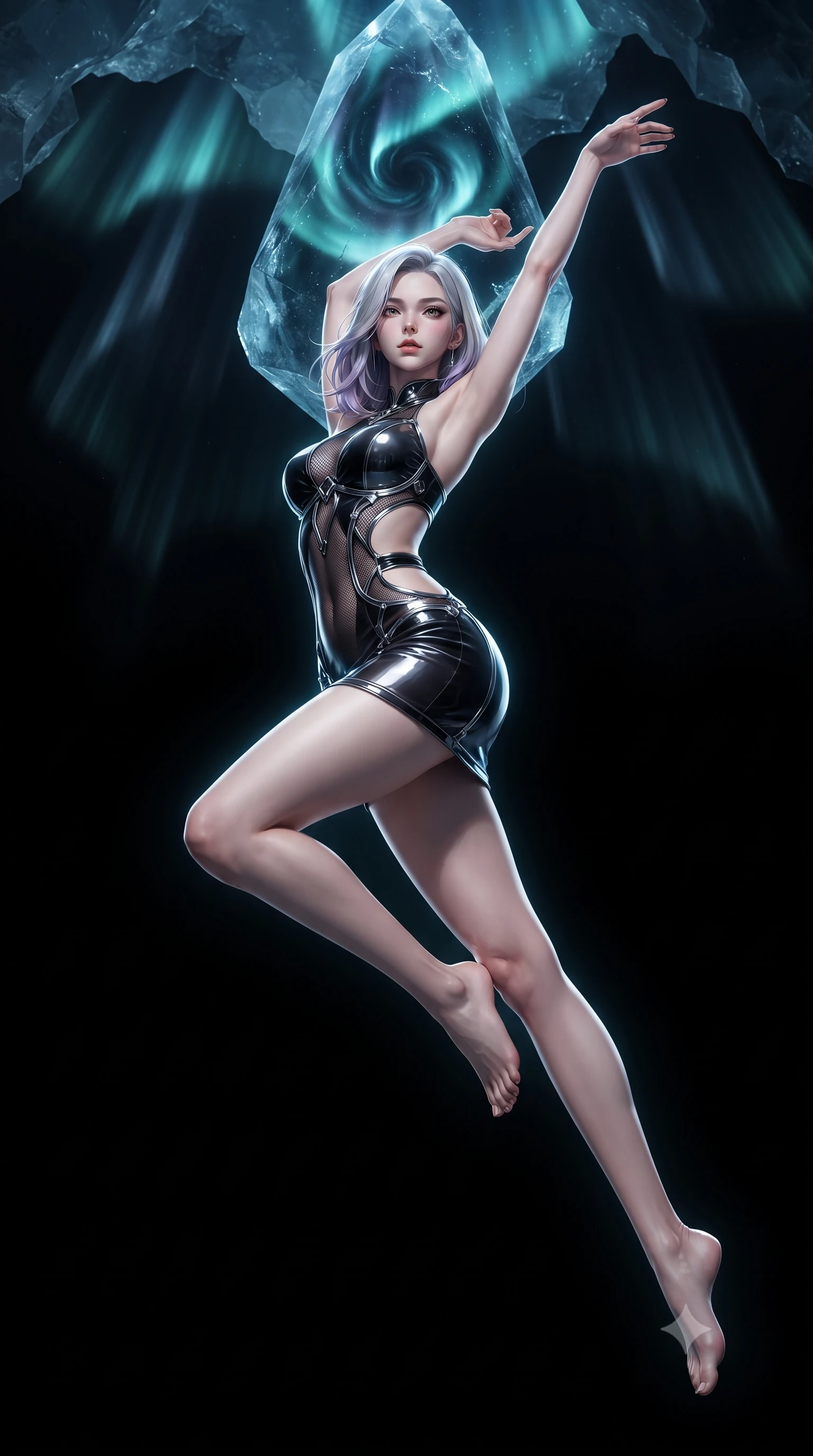 score_9, masterpiece, best quality, ultra-detailed, high-budget anime keyframe, editorial fashion photography, tasteful artistic composition, Caucasian woman. low angle full-body shot from head to toe showing her feet, filling the entire 9:16 vertical frame with her statuesque presence, stretching her vertical silhouette. leaping dynamically through the pitch-black void, her posture full of power and elegance, poised before a colossal frozen shadow crystal trapping dark aurora light, dark aurora rays flickering silently through frozen ice ceilings. She has an absolutely perfect, statuesque 8.5-heads proportion, an exceptionally tall and slender model-like female figure with impossibly long slender legs and an ultra-slim waist. sharp v-shaped jawline, high-bridge nose, intricate jewel-like eyes with depth, thick eyelashes, glossy lips with a natural sheen. wearing dramatic open-waist cutout mini dress in dark velvet framed by chrome hardware in smoky pitch black, made of fine dark contouring mesh, adorned with minimalist black onyx hardware framing the silhouette, contouring every curve with an exceptionally elegant silhouette. surrounded by a freezing dark cyan aura with sharp edge highlights. ultra-reflective glossy finish, specular highlights, metallic sheen, high-contrast stereoscopic depth, volumetric dynamic lighting, 2k, ultra detail, master piece, 9:16 ratio