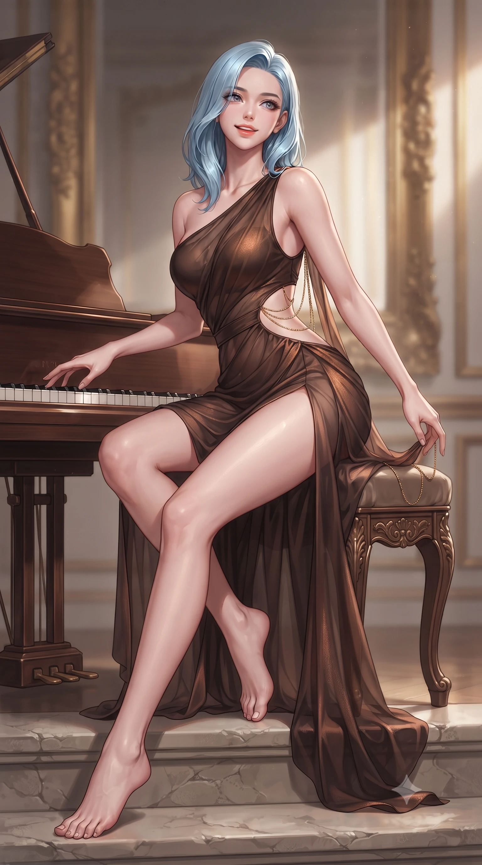 score_9, masterpiece, best quality, ultra-detailed, high-budget anime keyframe, editorial fashion photography, tasteful artistic composition, Korean woman. low angle full-body shot from head to toe showing her feet, filling the entire 9:16 vertical frame with her statuesque presence, stretching her vertical silhouette. sitting poised on the stone steps with one knee bent, arching her spine with supermodel elegance as she glances upward through thick eyelashes while sitting perched on the carved piano stool with legs crossed, resting one hand on the keys while casting an alluring, parted-lip smile. The background shows a soft-focus gilded mirror frame carvings softened in aristocratic imperial shallow focus. She has an absolutely perfect, statuesque 8.5-heads proportion, an exceptionally tall and slender model-like female figure with impossibly long slender legs, an ultra-slim waist, a flat toned midriff, narrow delicate ribcage, and beautifully sculpted feminine hips creating a graceful, slim hourglass silhouette without any bulky heaviness. sharp v-shaped jawline, high-bridge nose, sparkling eyes with hypnotic seductive depth, thick curled eyelashes, glossy parted lips with a natural dewy peach sheen, alluring bedroom-eyes with an enchanting coquettish smile, exuding magnetic siren charisma and sophisticated glamour, flawlessly proportioned anatomical accuracy, strict slender model proportions, natural body alignment, perfectly sculpted long slender limbs, ultra-slim waistline, clean dynamic posture without body distortion. wearing an asymmetric one-shoulder liquid jersey gown with dramatic hip-high slit and sculptural waist cutout in sultry espresso bronze and metallic copper, made of sheer gossamer chiffon that drapes softly against skin with airy translucence, accented with an open-back drape framed by falling strands of delicate gold chains, the precision-cut side openings and low-back scoop framing her graceful spine and the sensual sweep of her slim, toned hips. illuminated by polished parquet bounce and sharp golden rim lights sculpting her razor-sharp jawline, narrow waist, and curvy hips. ultra-reflective glossy finish, specular highlights, rich textural contrasts, high-contrast stereoscopic depth, volumetric dynamic lighting, 2k, ultra detail, master piece, 9:16 ratio