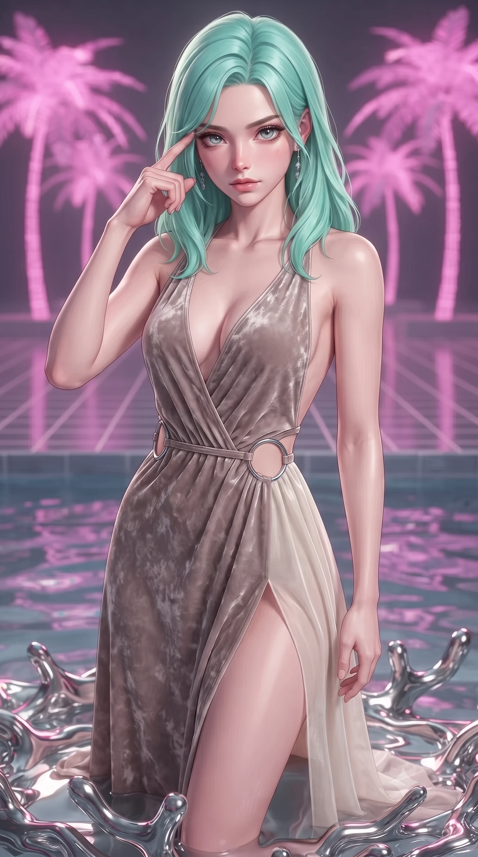 score_9, masterpiece, best quality, ultra-detailed, high-budget anime keyframe, editorial fashion photography, tasteful artistic composition, Japanese woman. close-up cowboy shot from the waist and thighs up, the character dominates the composition, filling the frame with her large presence, background elements kept in soft focus. Pressing two fingers to her temple in a composed thoughtful gesture with an air of magnetic charisma floating in a surreal pool surrounded by pink neon palm trees and grid floors, liquid chrome corals flowing smooth like molten mercury around her feet. She has an exceptionally elegant, slender, and willowy female figure with an ultra-slim waist, a gracefully sculpted slender torso, and a refined silhouette. sharp v-shaped jawline, high-bridge nose, intricate jewel-like eyes with depth, thick eyelashes, glossy lips with a natural sheen. wearing a backless crushed velvet gown with a deep V-neckline and high thigh slit in muted taupe and soft ivory, woven from fine semi-opaque sheer organza, accented with delicate chrome ring hardware framing her waist, the elegant draped fit framing her graceful clavicle and slender torso. illuminated by retro lo-fi backlighting and brilliant liquid speculars. ultra-reflective glossy finish, specular highlights, metallic sheen, high-contrast stereoscopic depth, volumetric dynamic lighting, 2k, ultra detail, master piece, 9:16 ratio