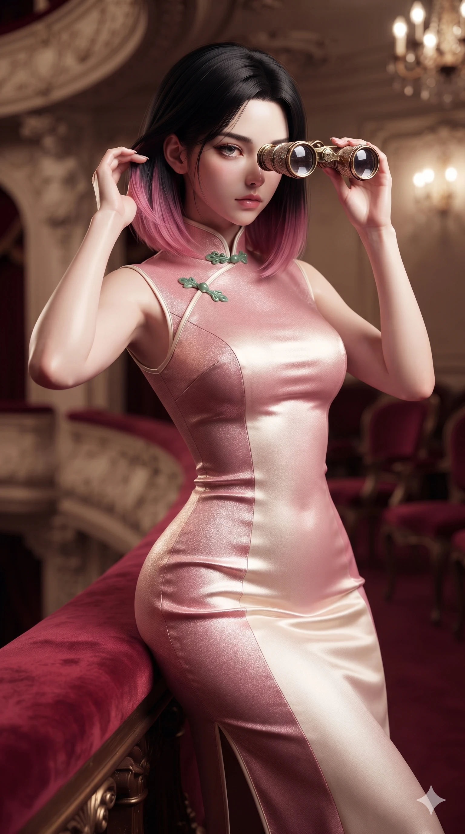 score_9, masterpiece, best quality, ultra-detailed, high-budget anime keyframe, editorial fashion photography, tasteful artistic composition, Korean woman. close-up cowboy shot from the waist and thighs up, the character dominates the composition, filling the frame with her large presence. gently brushing a lock of hair behind her ear while casting a playful, flirtatious side-gaze with long eyelashes while leaning against the plush crimson velvet loge railing with hips cocked back, looking through antique opera glasses with heavy-lidded seductive bedroom-eyes. The background shows a soft-focus romantic opera house atmosphere softened in private royal loge shallow focus. She has an exceptionally elegant, slender, and willowy female figure with an ultra-slim waist, flat toned midriff, narrow ribcage, and sculpted feminine hips creating an alluring, slim hourglass silhouette without bulk. sharp v-shaped jawline, high-bridge nose, intricate jewel-like sparkling eyes with depth, thick eyelashes, glossy parted lips with a natural sheen, intensely captivating and seductive bedroom-eyes expression, exuding both youthful cute charm and sovereign luxury allure, flawlessly proportioned anatomical accuracy, strict slender model proportions, natural body alignment, perfectly sculpted long slender limbs, ultra-slim waistline, clean dynamic posture without body distortion. wearing a sculpted liquid-satin mermaid gown tailored with contouring seams that adhere flawlessly over her curves in sakura blossom pink and warm ivory, woven from high-density tech-wool with subtle metallic thread weave, finished with sleek jade frog closures glinting along her high collar, the bespoke structured tailoring following the natural line of her 8.5-heads silhouette with refined elegance. illuminated by velvet railing bounce and sharp gold-crimson rim lights defining her razor-sharp jawline, narrow waist, and curvy hips. ultra-reflective glossy finish, specular highlights, rich textural contrasts, high-contrast stereoscopic depth, volumetric dynamic lighting, 2k, ultra detail, master piece, 9:16 ratio