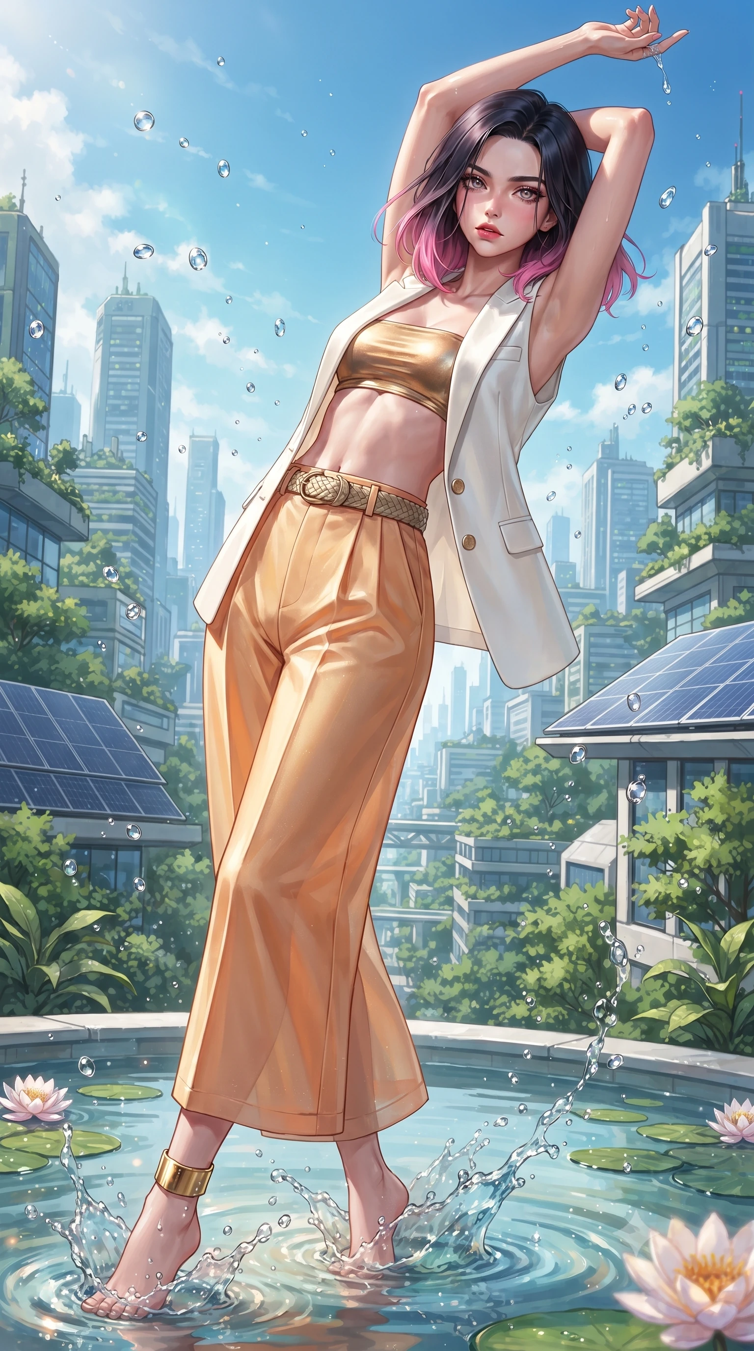 score_9, masterpiece, best quality, ultra-detailed, high-budget anime keyframe, editorial fashion photography, tasteful artistic composition, Korean woman. close-up cowboy shot from the waist and thighs up, the character dominates the composition, filling the frame with her large presence. arching her back languidly with arms stretching overhead, highlighting her narrow waist and feminine silhouette in pure supermodel elegance while wading lightly into the shallow lotus pool, water splashing around her slender ankles in glittering droplets. The surrounding environment is rendered in vivid detail and crisp panoramic clarity. detailed sky-high metropolis greenery, architectural solar panels, and water droplets in high clarity. She has an exceptionally elegant, slender, and willowy female figure with an ultra-slim waist, a gracefully sculpted slender torso, toned flat midriff, and a refined slim silhouette. sharp v-shaped jawline, high-bridge nose, intricate jewel-like eyes with depth, thick eyelashes, glossy parted lips with a natural sheen, intensely captivating and seductive expression, flawlessly proportioned anatomical accuracy, strict slender model proportions, natural body alignment, perfectly sculpted long slender limbs, ultra-slim waistline, clean dynamic posture without body distortion. wearing a tailored white solar-fiber tuxedo vest worn open over a metallic gold bandeau top and wide slacks in warm apricot and glowing solar champagne, crafted from weightless prism organza that refracts light with every motion, accessorized with a woven botanical belt and minimalist gold ankle cuff, the breezy yet form-flattering drape swaying gracefully with her steps, accentuating her long willowy limbs and ultra-slim waistline. surrounded by a fresh, captivating, and delightfully invigorating summer muse aura. ultra-reflective glossy finish, specular highlights, rich textural contrasts, high-contrast stereoscopic depth, volumetric dynamic lighting, 2k, ultra detail, master piece, 9:16 ratio