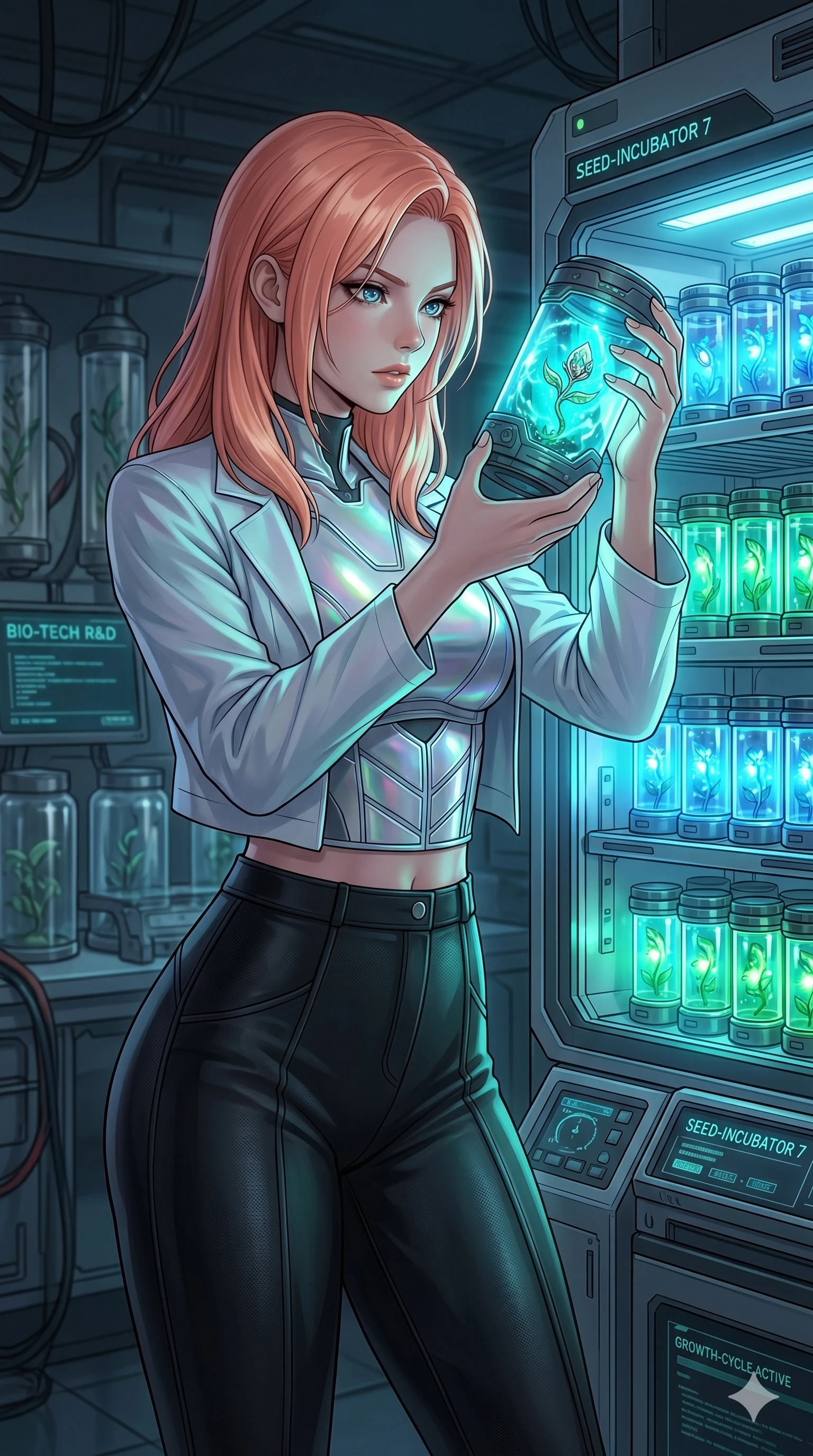score_9, masterpiece, best quality, ultra-detailed, high-budget anime keyframe, Japanese woman. Upper body close-up from the thighs up, character filling the screen for maximum presence. Standing next to a glowing seed incubator in a biotech lab, examining a glowing seed jar with a curious, intense expression. She is wearing a cropped lab coat over a structured silver top and high-waisted pants. The scene is illuminated by the bright blue and green glow of the incubator vials. 2k, ultra detail, master piece, 9:16 ratio