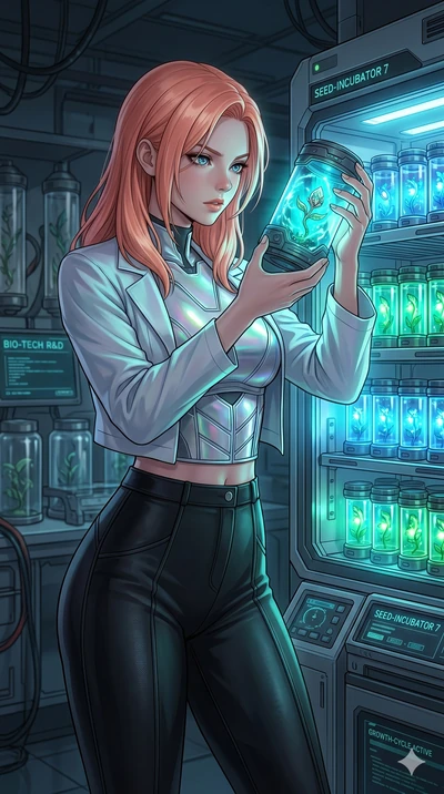 score_9, masterpiece, best quality, ultra-detailed, high-budget anime keyframe, Japanese woman. Upper body close-up from the thighs up, character filling the screen for maximum presence. Standing next to a glowing seed incubator in a biotech lab, exa
