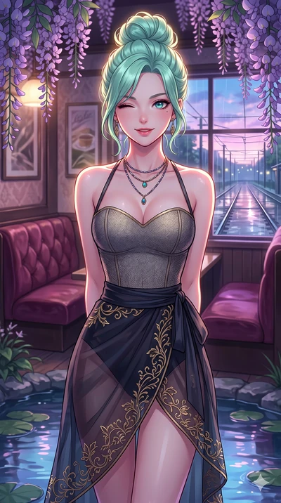 score_9, masterpiece, best quality, ultra-detailed, high-budget anime keyframe, vibrant anime aesthetic, Japanese woman. close-up cowboy shot from the waist and thighs up, the character dominates the composition, filling the frame with her large pres