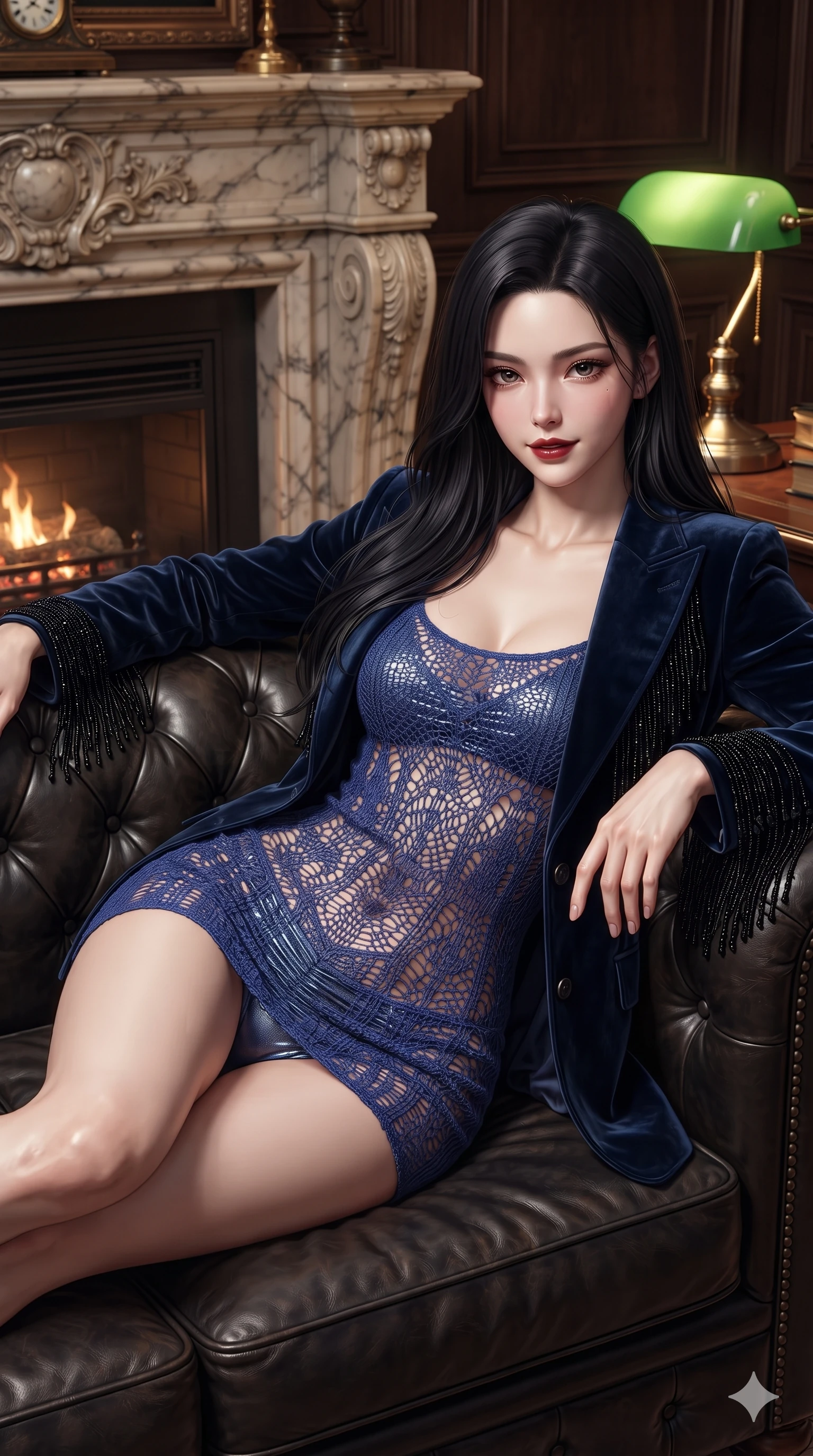 score_9, masterpiece, best quality, ultra-detailed, high-budget anime keyframe, editorial fashion photography, tasteful artistic composition, Korean woman. close-up cowboy shot from the waist and thighs up, the character dominates the composition, filling the frame with her large presence. standing poised beside a towering marble fireplace with hips cocked back, casting an alluring, sovereign gaze toward the viewer while reclining gracefully on an antique Chesterfield leather sofa with legs crossed, propped on one elbow with parted glossy lips. The surrounding environment is rendered in vivid detail and crisp panoramic clarity: detailed tailored velvet jacket drape, fine jet-black beaded tassels, and vintage woodwork in razor-sharp precision. She has an exceptionally elegant, slender, and willowy female figure with an ultra-slim waist, flat toned midriff, narrow ribcage, and sculpted feminine hips creating an alluring, slim hourglass silhouette without bulk. sharp v-shaped jawline, high-bridge nose, intricate jewel-like dark sparkling eyes with dangerous depth, thick curled eyelashes, glossy parted lips with a rich wine sheen, smoldering seductive half-smile with bedroom-eyes, exuding effortless superiority and intoxicating dark allure, flawlessly proportioned anatomical accuracy, strict slender model proportions, natural body alignment, perfectly sculpted long slender limbs, ultra-slim waistline, clean dynamic posture without body distortion. wearing a delicate semi-sheer openwork crochet knit slip worn over a metallic micro-bandeau and ruched briefs in cobalt blue floodlights and warm golden promenade streetlights, tailored from crushed dark velvet with deep light-absorbing plush texture, accented with fine jet-black beaded tassels that sway with each movement, the glove-like silhouette tightly following the natural contour of her hips and long slender legs with youthful 8.5-heads elegance. bathed in soft reading-lamp tungsten glow filtering through green banker shades with rich ambient contrast. ultra-reflective glossy finish, specular highlights, rich textural contrasts, high-contrast stereoscopic depth, volumetric dynamic lighting, 2k, ultra detail, master piece, 9:16 ratio