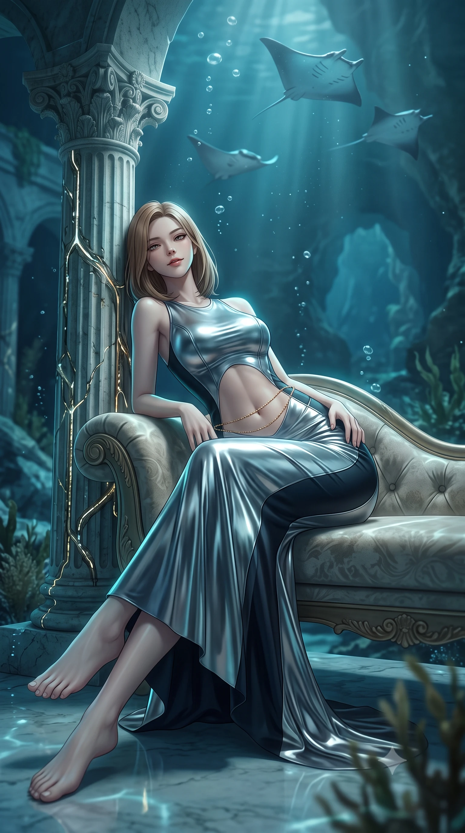 score_9, masterpiece, best quality, ultra-detailed, high-budget anime keyframe, editorial fashion photography, tasteful artistic composition, Korean woman. low angle full-body shot from head to toe showing her feet, filling the entire 9:16 vertical frame with her statuesque presence, stretching her vertical silhouette. reclining gracefully across the plush chaise lounge with one leg extended, her sculpted silhouette and flat midriff radiating magnetic nocturnal glamour while leaning against the ancient fluted Corinthian column reinforced with glowing cyber-veins with hips cocked back, watching cyber-manta rays glide overhead with smoldering bedroom-eyes. The background shows a soft-focus gentle rising micro-bubbles softened in underwater neo-classical sanctuary shallow focus. She has an exceptionally tall and slender model-like 8.5-heads proportion, an ultra-slim waist, a flat toned midriff, narrow delicate ribcage, and beautifully sculpted feminine hips creating a graceful, slim hourglass silhouette without any bulky heaviness, with impossibly long slender legs. sharp v-shaped jawline, high-bridge nose, intricate jewel-like sparkling eyes with depth, thick eyelashes, glossy parted lips with a natural peach sheen, bright cheerful beaming smile with an enchanting and coquettish sensual glint, exuding both youthful cute charm and seductive allure, flawlessly proportioned anatomical accuracy, strict slender model proportions, natural body alignment, perfectly sculpted long slender limbs, ultra-slim waistline, clean dynamic posture without body distortion. wearing a sculpted second-skin neoprene column gown with subtle architectural seam lines accentuating her curves in liquid mercury chrome and deep midnight obsidian, made of fluid liquid jersey with seamless sculpting hold and smooth contours, accented with a dainty gold belly chain resting across her flat midriff and curving hips, the glove-like clinging cut tightly following the natural contour of her hips and long slender legs with youthful 8.5-heads elegance. illuminated by submerged marble reflection bounce and sharp aquamarine rim lights defining her jawline, narrow waist, and curvy hips. ultra-reflective glossy finish, specular highlights, rich textural contrasts, high-contrast stereoscopic depth, volumetric dynamic lighting, 2k, ultra detail, master piece, 9:16 ratio