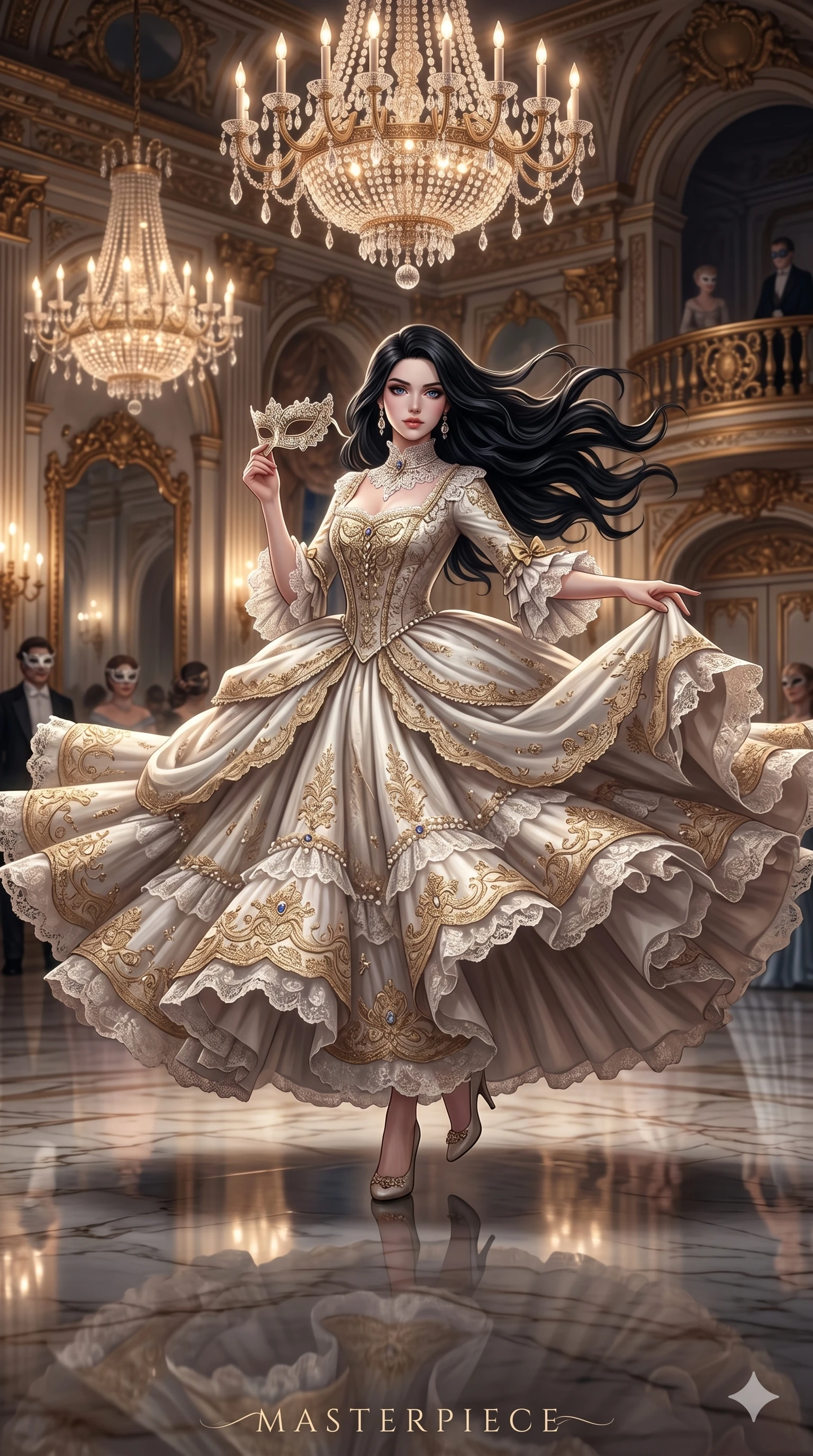 score_9, score_8_up, score_7_up, source_anime, masterpiece, best quality, ultra-detailed, same character with long flowing black hair, wearing an extravagant rococo-style masquerade ball dress with lace details, full body shot dancing a waltz mid-spin with dress flaring out, grand royal ballroom, massive chandeliers, reflective marble floor, 2k, 9:16 ratio